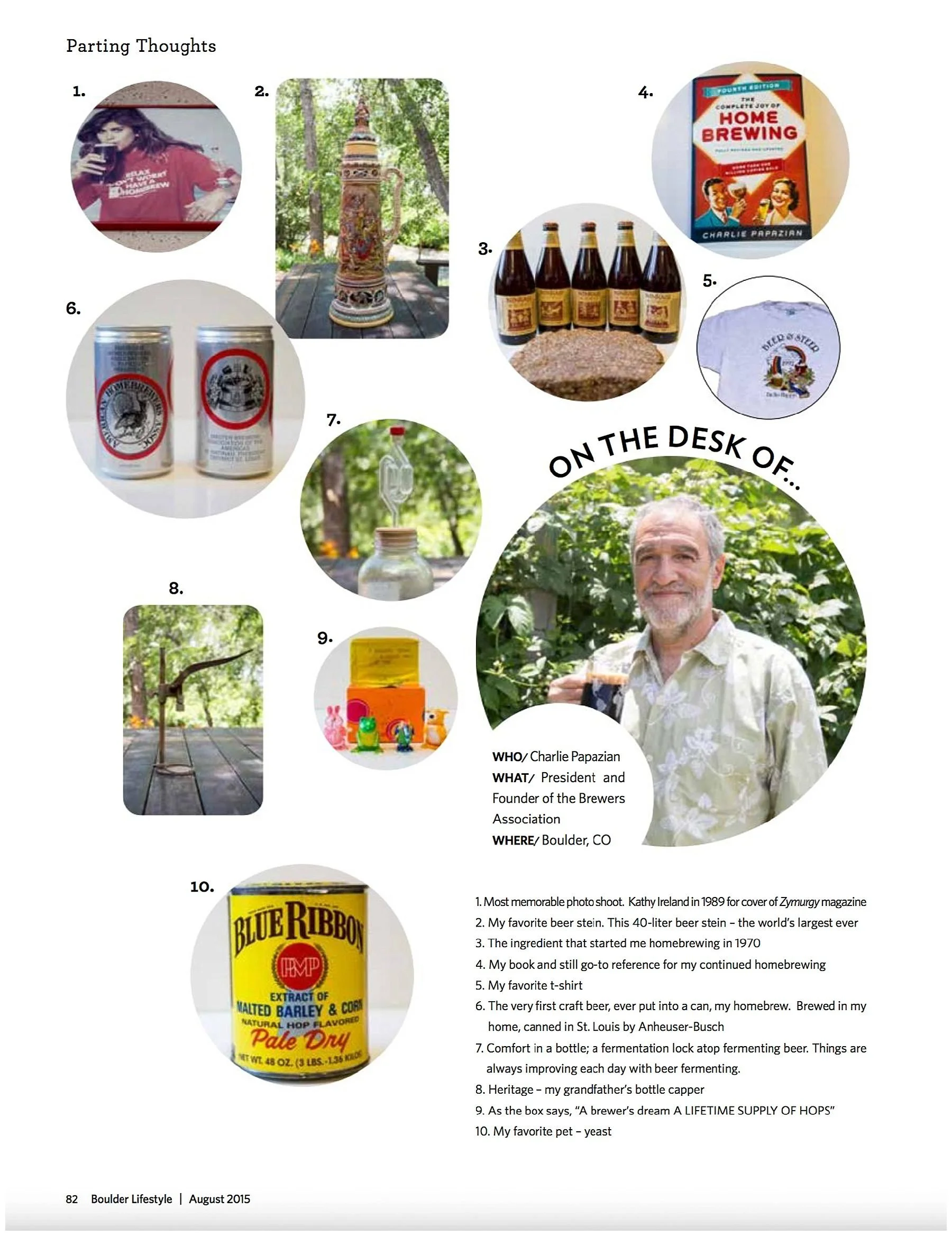 A magazine page titled "Parting Thoughts" featuring a collage of images and text about a homebrewer's personal favorites, including photos of a woman drinking beer, a large ornate beer stein, bottles of homebrew, beer cans, a yeast packet, and a man 