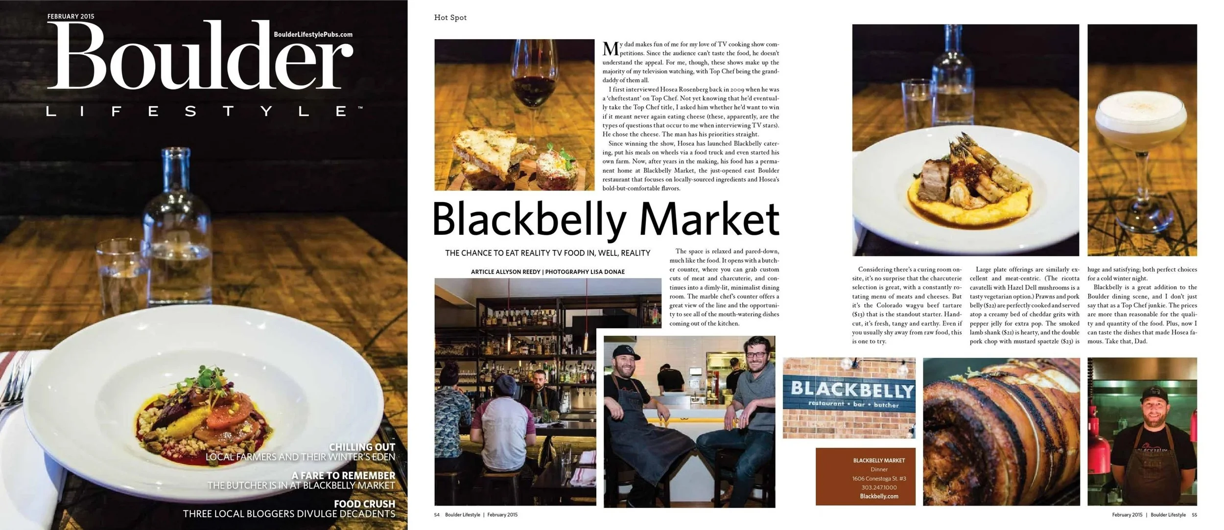 A magazine article layout with the title "Blackbelly Market" and a photo of a plated dish topped with meat and garnishes, set on a white plate. There are additional images of a bartender, a restaurant sign, and a smiling man in an apron, with text de