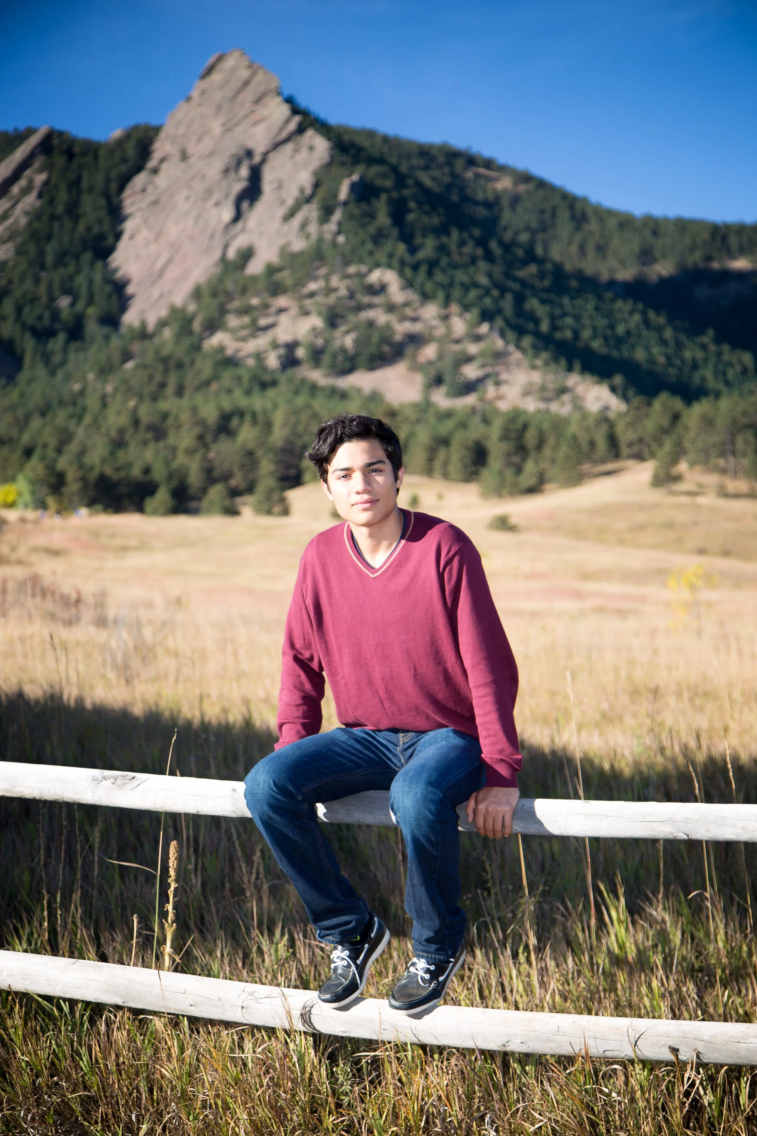 A young man with dark hair, wearing a maroon sweater, jeans, and black sneakers, sitting on a white wooden fence in a field with tall grass. Behind him are green trees and a mountain with a rocky peak under a clear blue sky.
