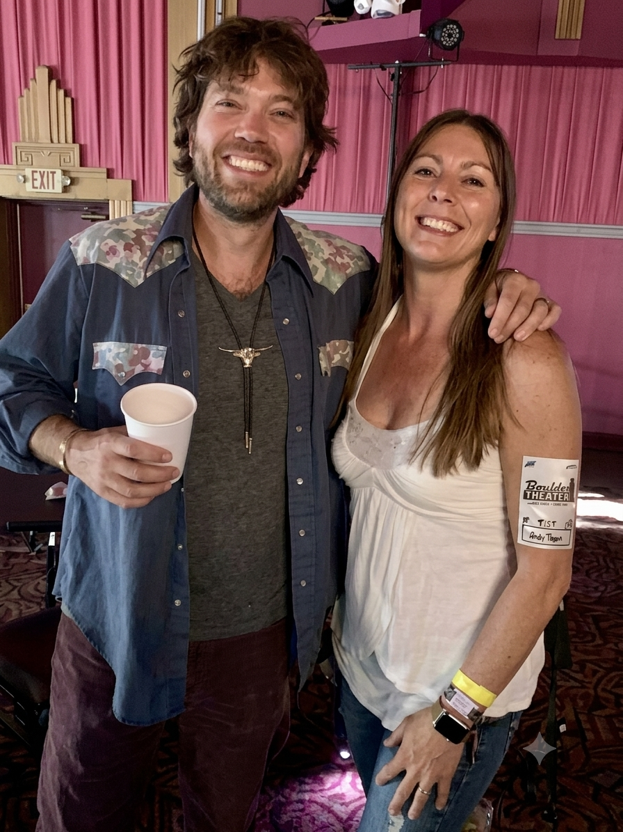 Boulder music photographer Lisa Doane backstage at the Boulder Theater with Andy Thorn of Leftover Salmon.