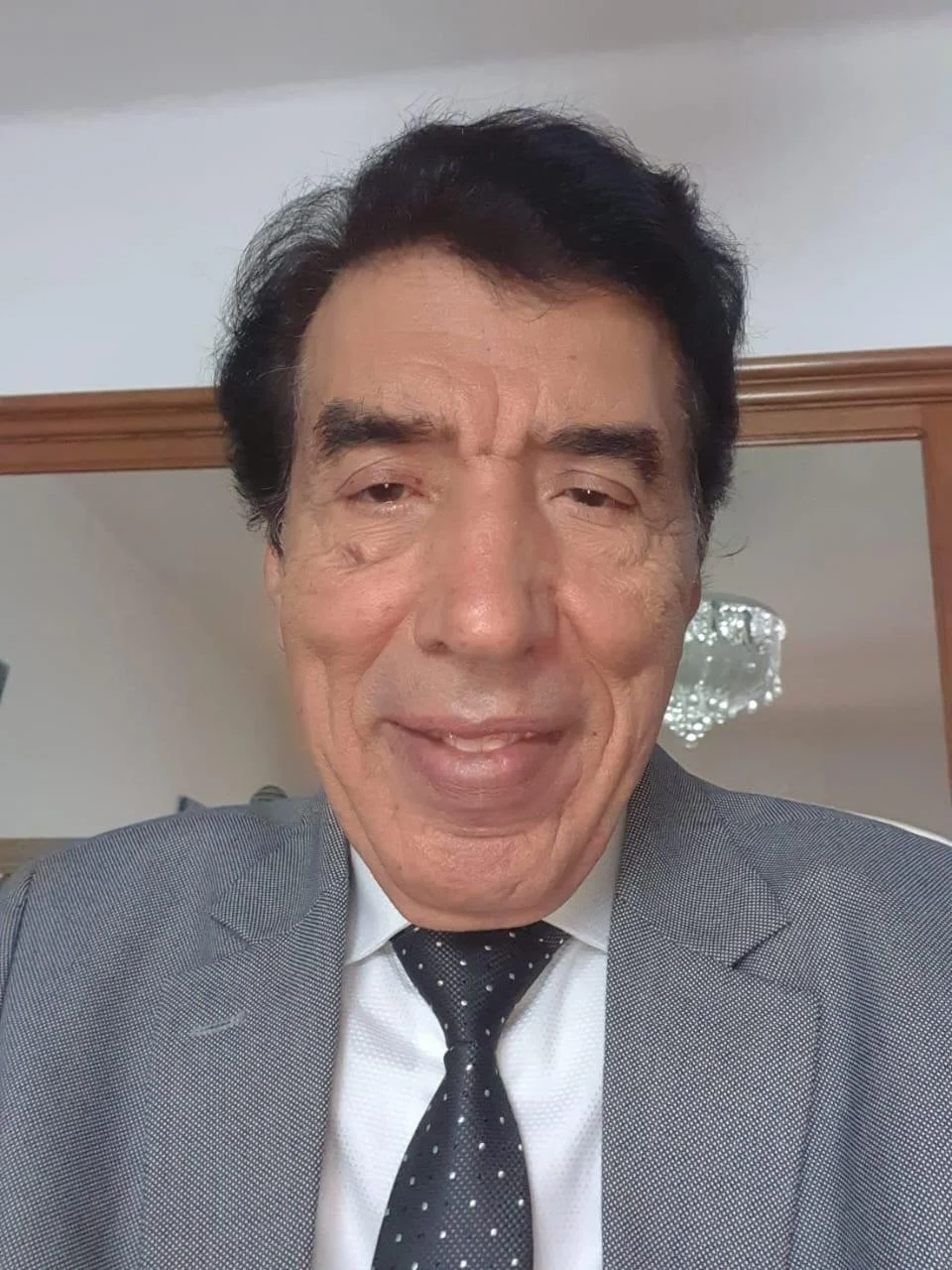 Close-up of an older man with dark hair, wearing a gray suit and a polka dot black tie, smiling slightly, in an indoor setting with wooden framing and a chandelier in the background.