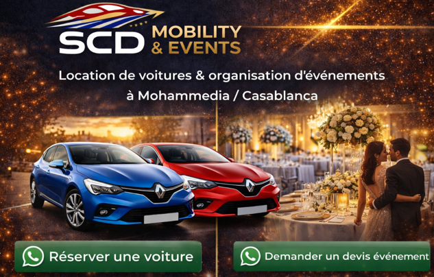 Advertisement for SCD mobility and events in Casablanca, featuring two Renault cars, one blue and one red, and a wedding reception scene with a bride and groom at a table decorated with flowers.