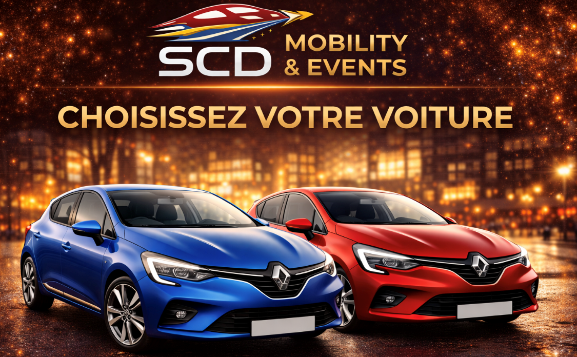 Promotional graphic for SCD Mobility & Events featuring two Renault cars, one blue and one red, set against a cityscape background with bright lights and a starry sky. Text in French promotes choosing a car.