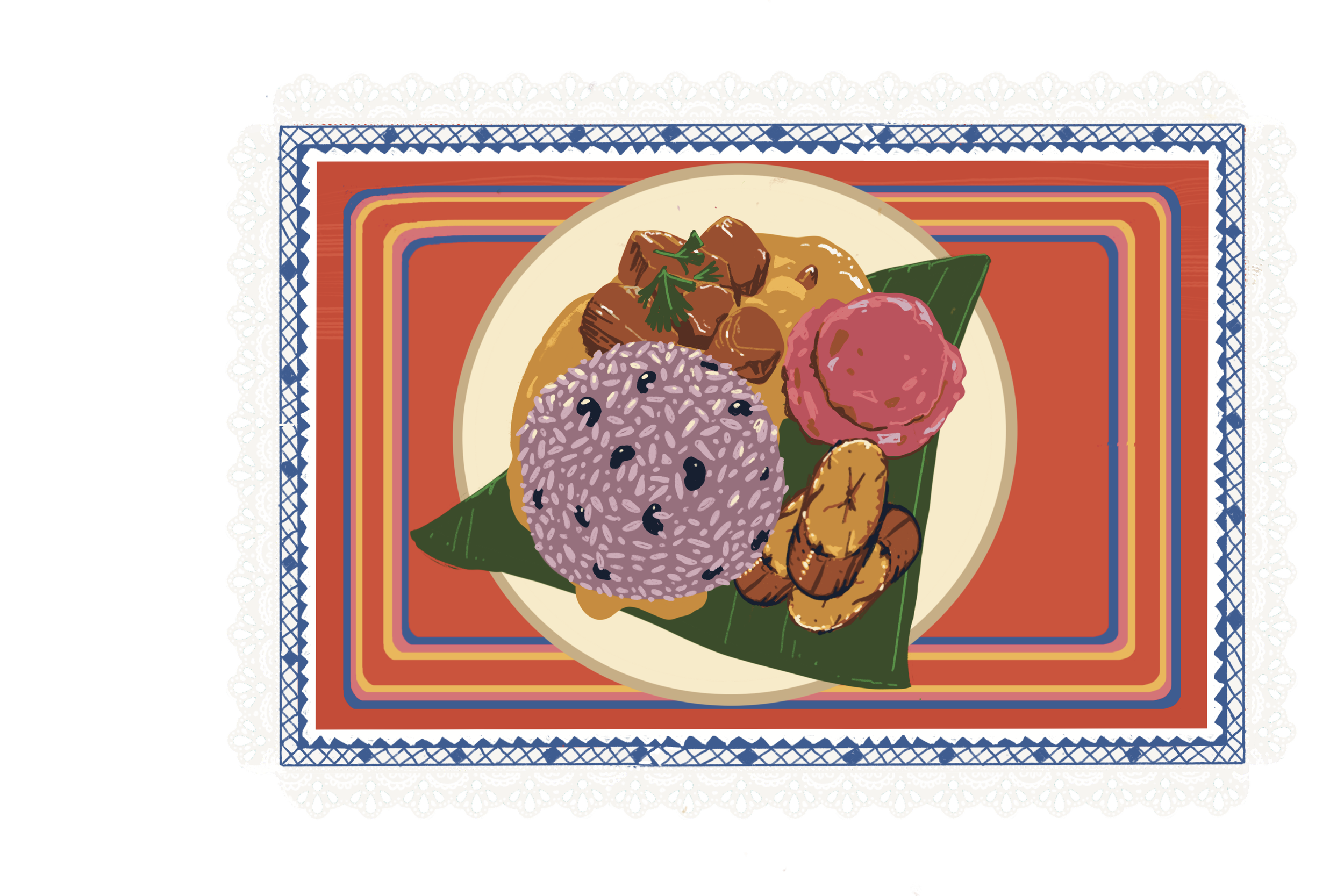 Colorful decorative paper with illustrations of a plate of rice, meat, banana, and a pink dessert, surrounded by a lace-sized border.