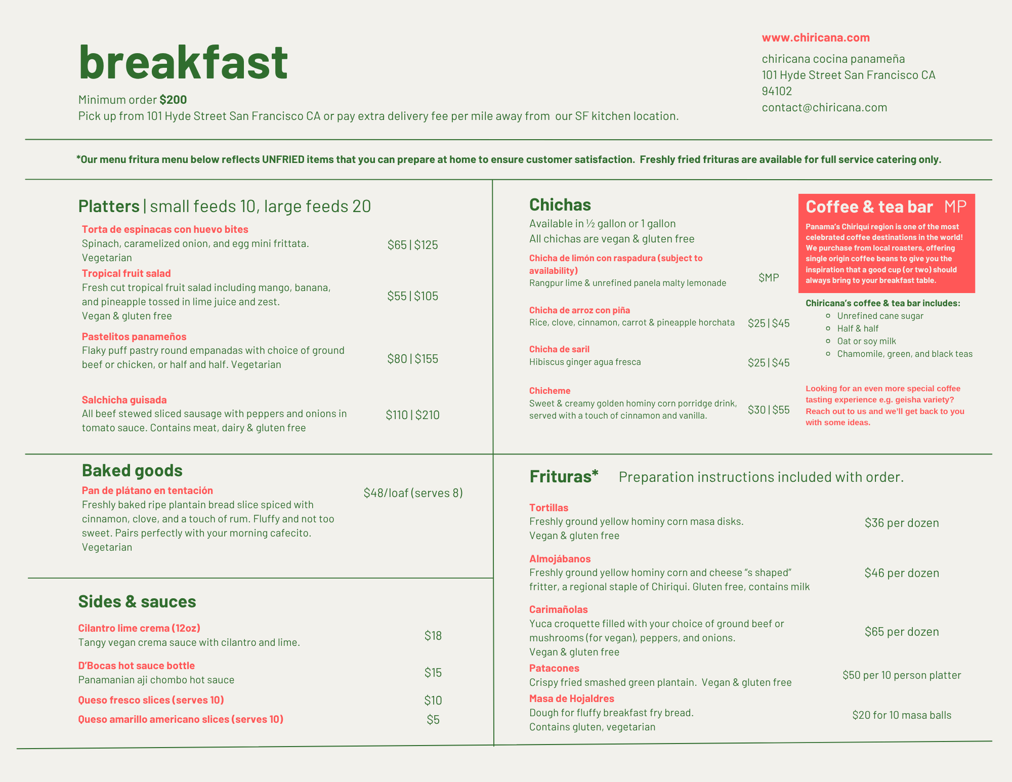A menu from Chiri Cana Panameña restaurant in San Francisco listing breakfast options, including platters, baked goods, sides, sauces, fritters, and coffee & tea bar, with prices and descriptions.