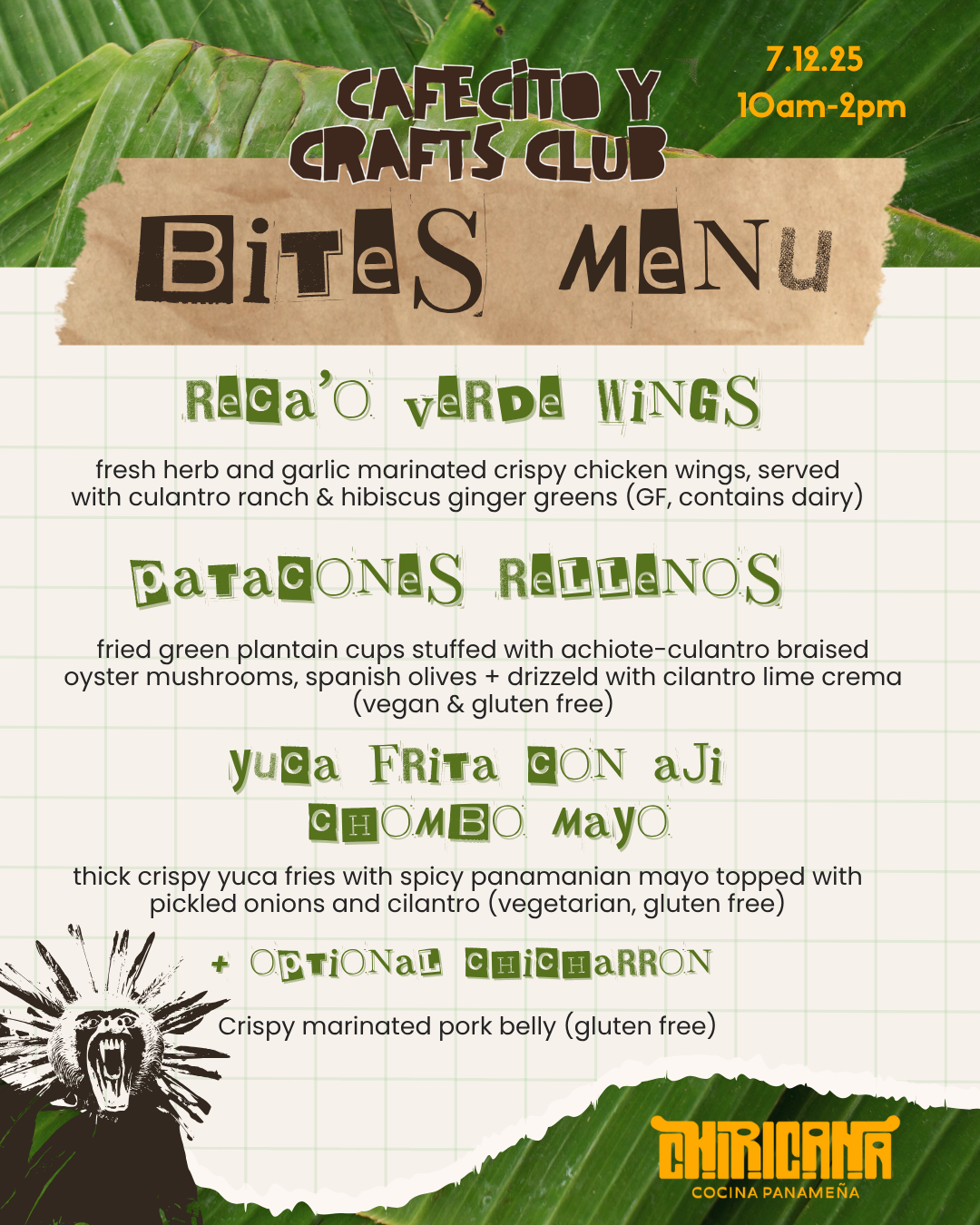 Menu for a Cafecito y Crafts Club event on July 12, 2025, from 10 am to 2 pm, featuring dishes like green wings, stuffed plantain cups, and yuca frita with optional charrón, set against a leafy background.