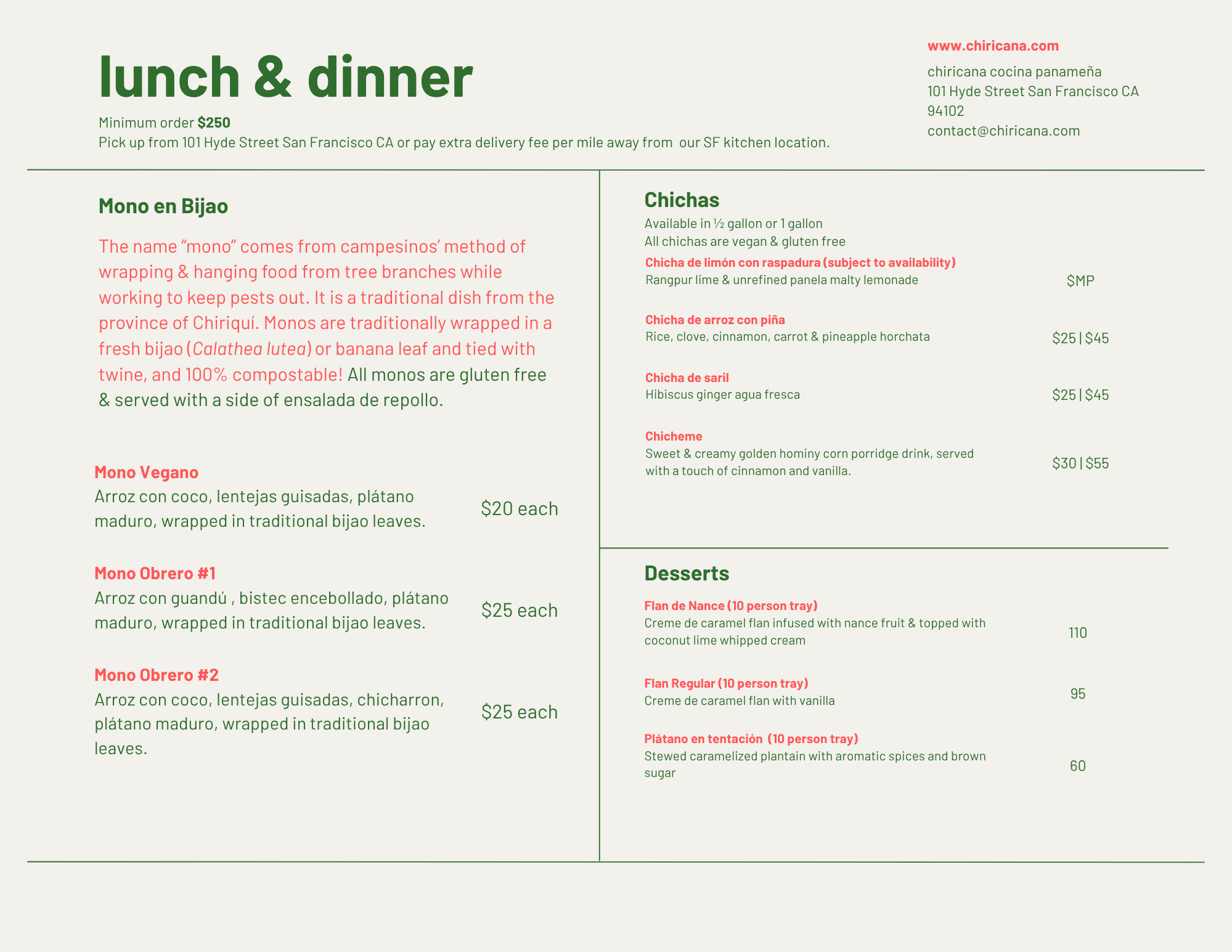 A menu for a Panamanian restaurant called Chiri Cana, featuring lunch and dinner options including traditional dishes, vegans, and desserts, with prices and descriptions.