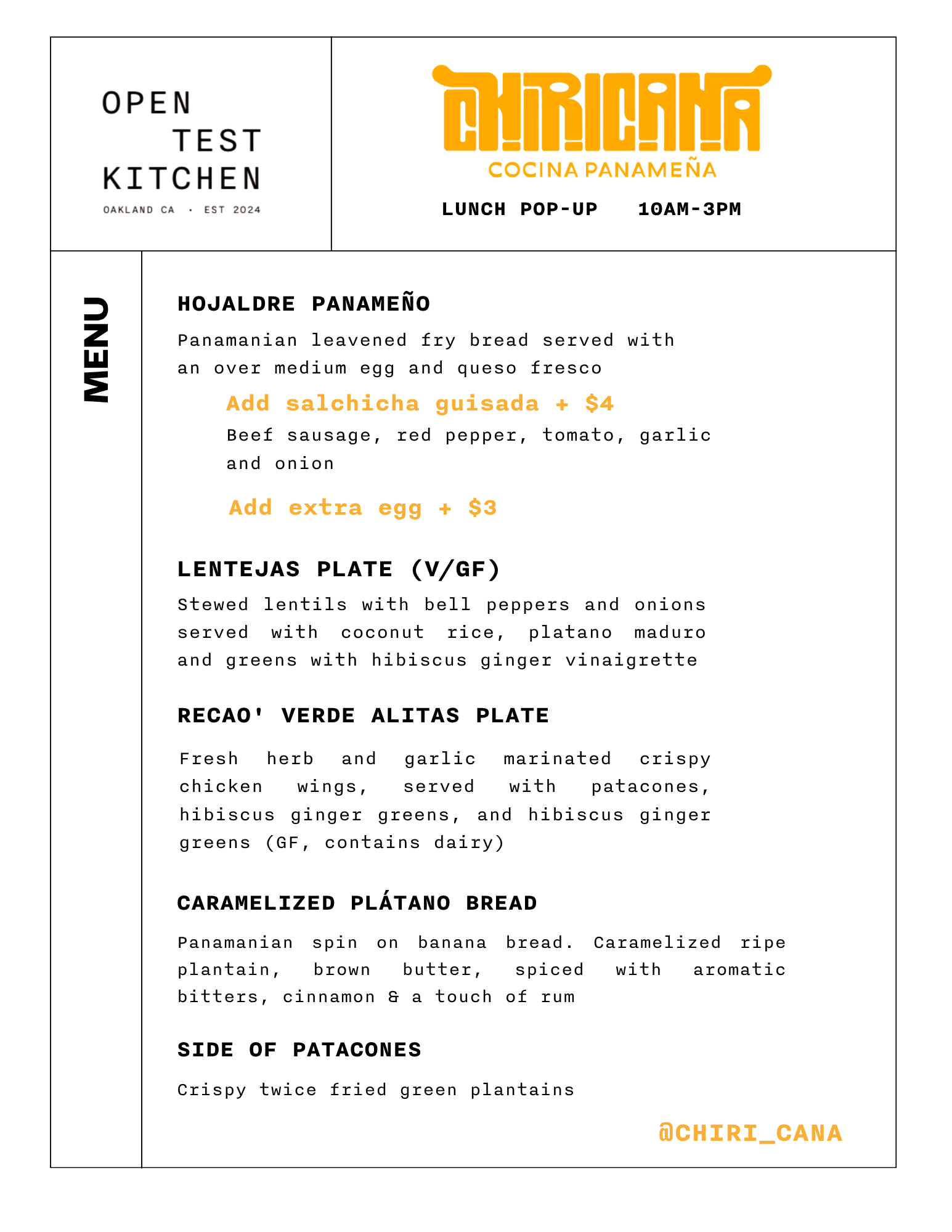 A menu featuring dishes from a Panamanian restaurant in Oakland, California, including Hondure Panameño, Lentil Plate, Caramelized Plantain Bread, and a side of Patacones, with descriptions and prices.