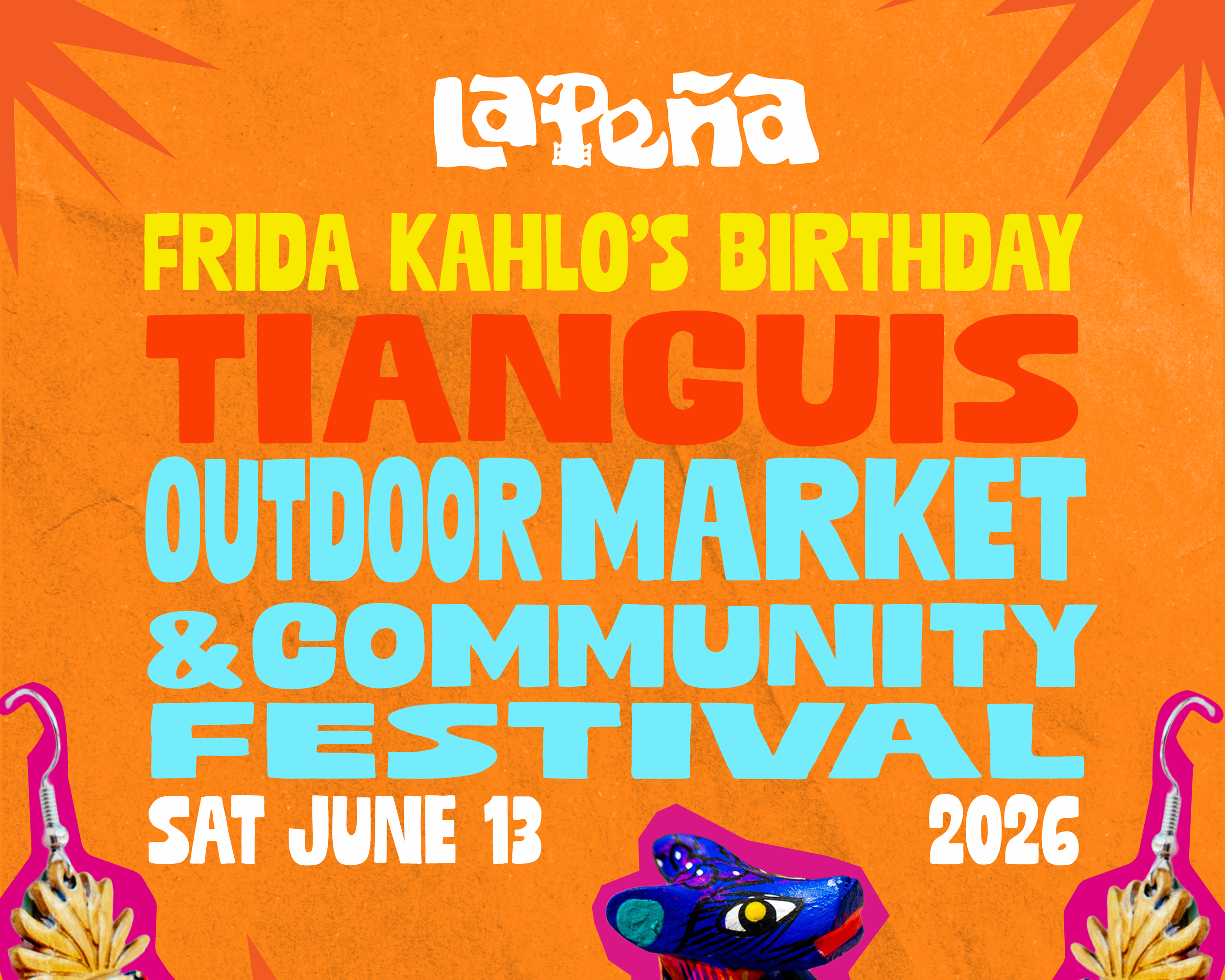 Poster for the Tangueros Music, Food & Community Festival on June 13, 2026, with colorful text and illustrations of musical instruments and nature elements on an orange background.