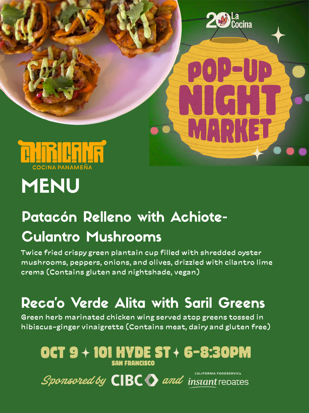 A promotional flyer for a pop-up night market featuring dishes from a Panamanian restaurant, including a close-up of stuffed oyster mushrooms topped with herbs and sauce, and event details with colorful text and background.