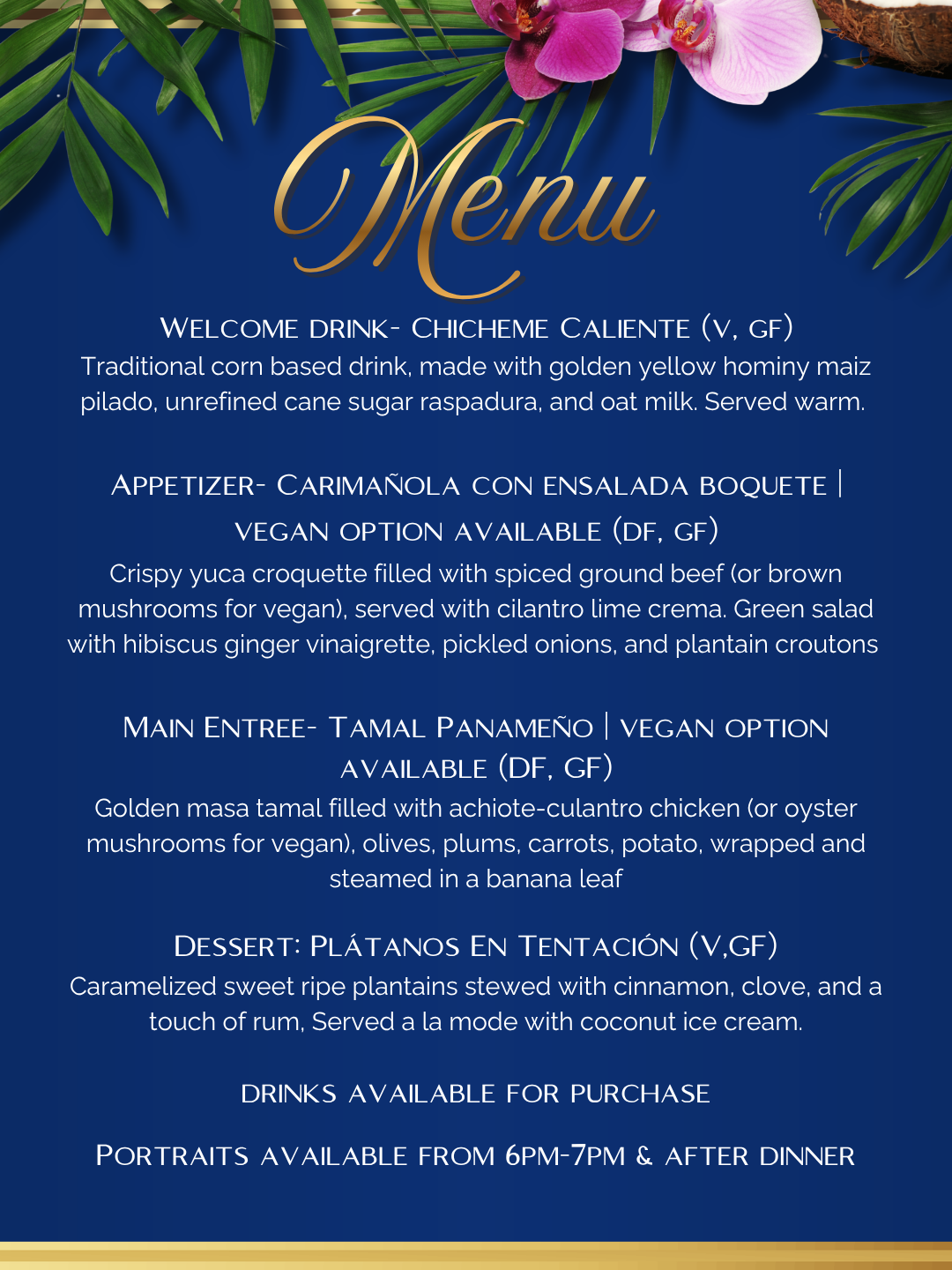 Menu with tropical leaves and pink orchids at the top, blue background, golden words 'Menu', and a list of dishes including a drink, appetizer, main entrée, and dessert, with descriptions.