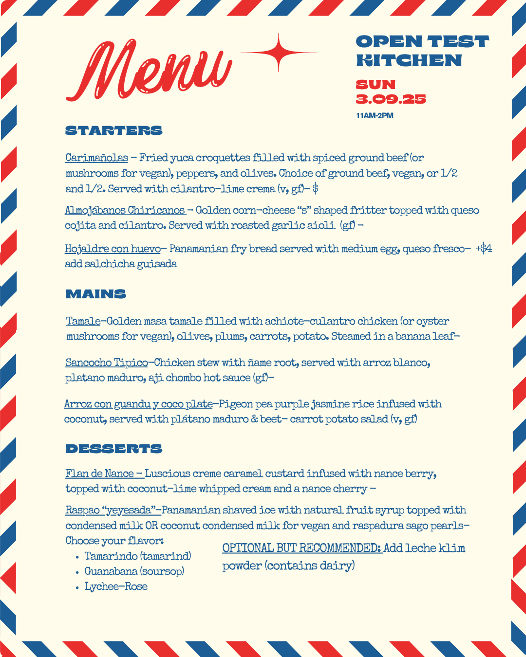 A menu for a restaurant called 'Open Test Kitchen' with a date of September 3, 2025. The menu is divided into sections: Starters, Mains, and Desserts, listing various dishes with descriptions. The border of the menu has a red, white, and blue striped