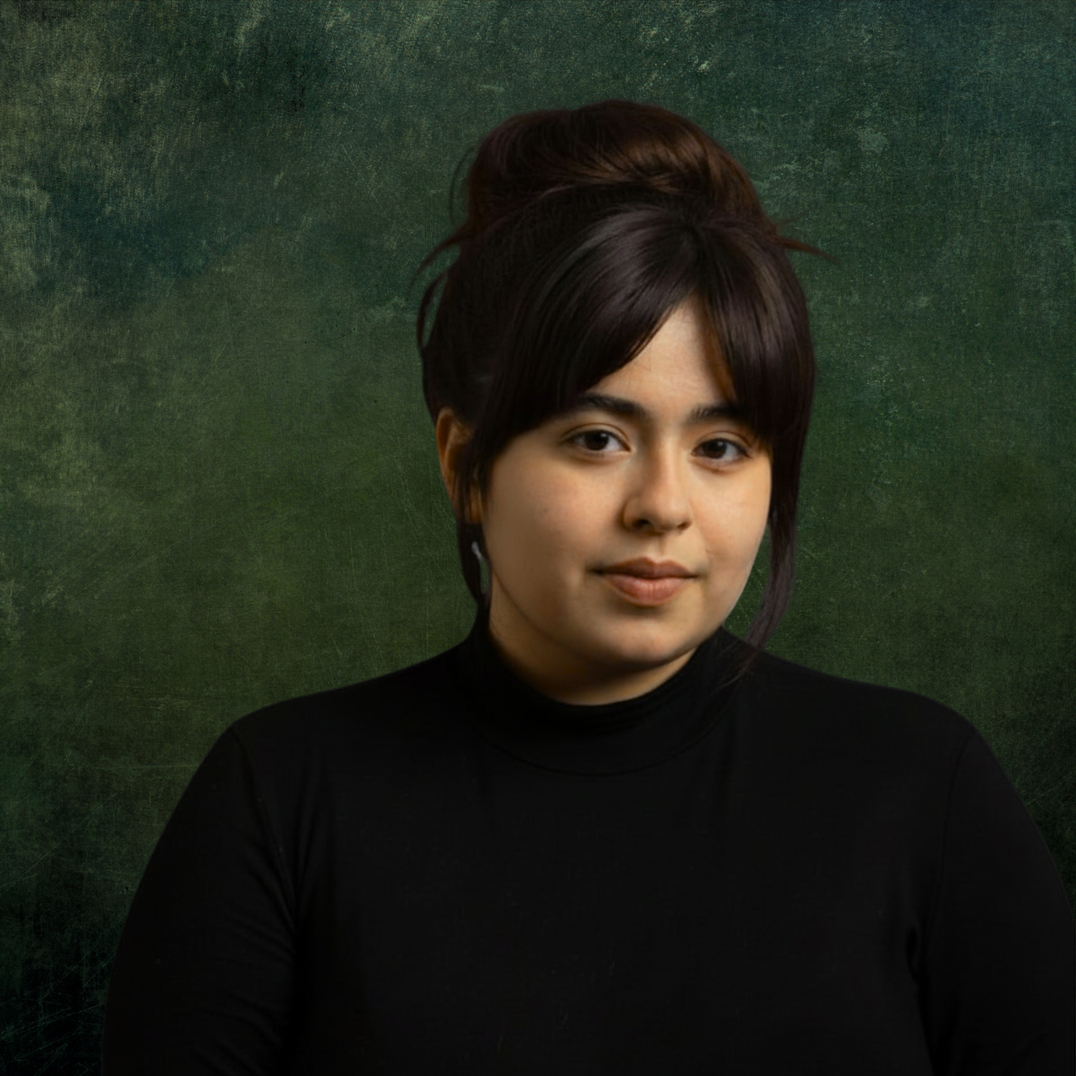 Partial view of a person with short dark hair wearing a black shirt, standing in front of a dark green textured background.