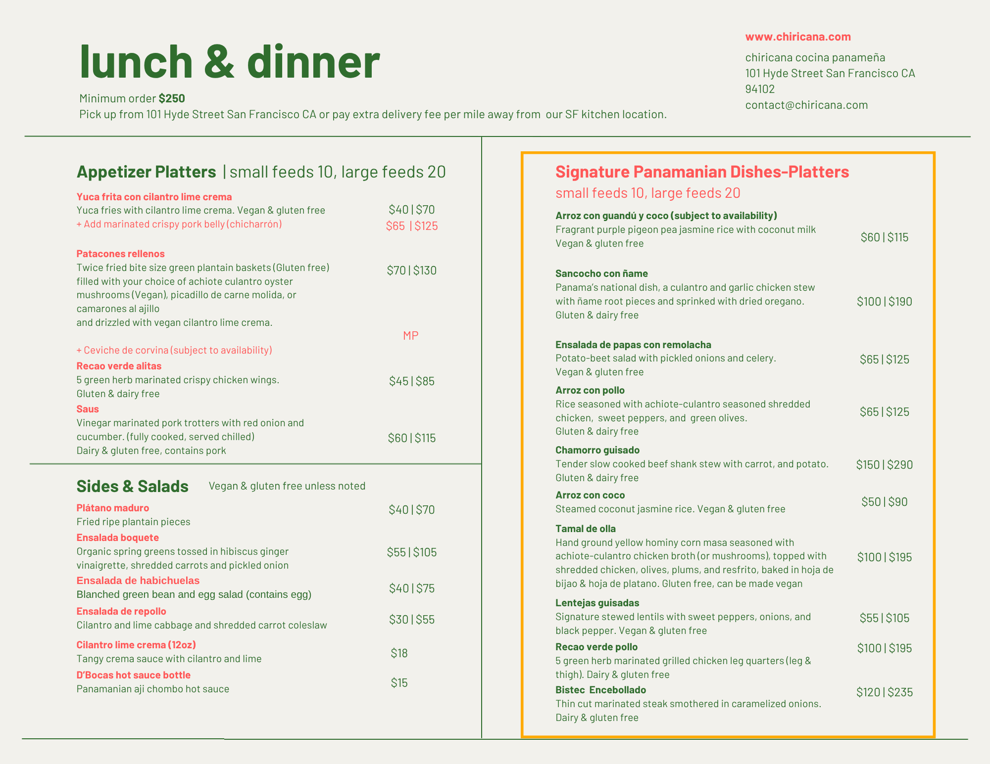 A restaurant menu featuring lunch and dinner options with sections for appetizer platters, sides, salads, and signature Panamanian dishes, with prices listed in dollars.