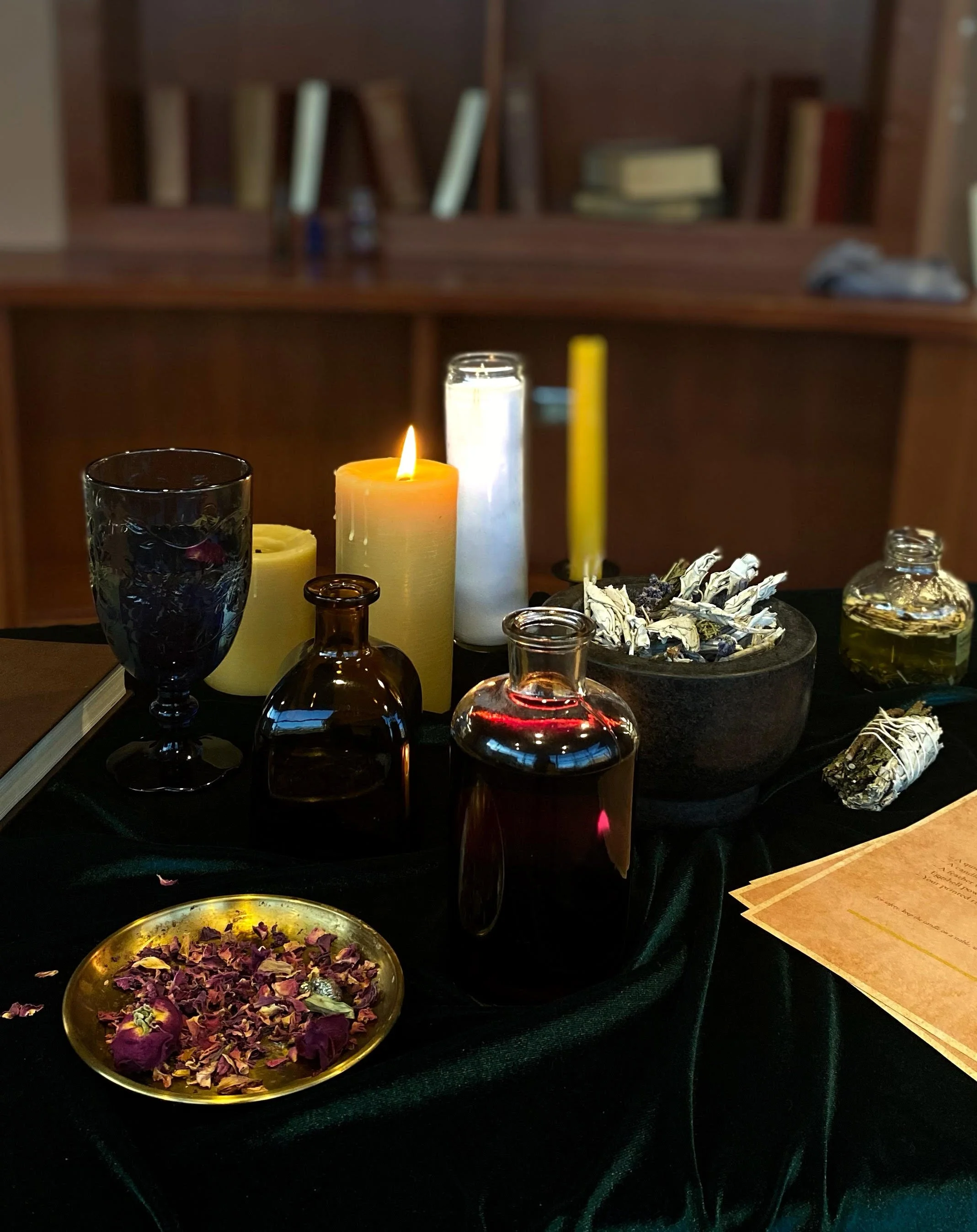 Candlelit ritual setting with warm tones and altar elements by Merrique