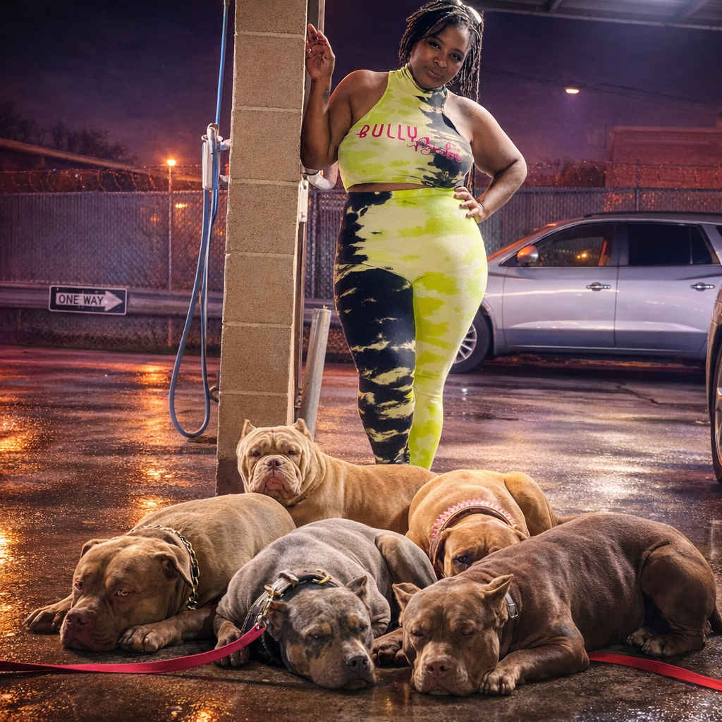 A woman in a neon yellow and black tie-dye workout outfit stands next to a brick pillar, with one hand resting on her hip and the other on the pillar. She is surrounded by six large dogs lying on a wet pavement at night, with a car and a chain-link fence in the background.