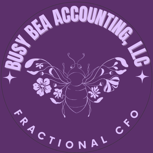 Purple circular logo with a stylized bee in the center, surrounded by flowers and vines. Text reads: Busy Bea Accounting, LLC, and Fractonal CFO. Serving Brandon, Valrico, Fish Hawk, Tampa, Clearwater, Plant City, Lakeland and Wesley Chapel.