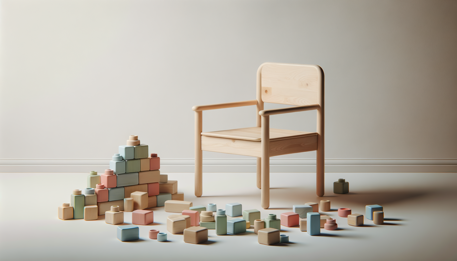 A wooden child's chair surrounded by colorful wooden building blocks on a white surface and against a plain, light-colored wall.
