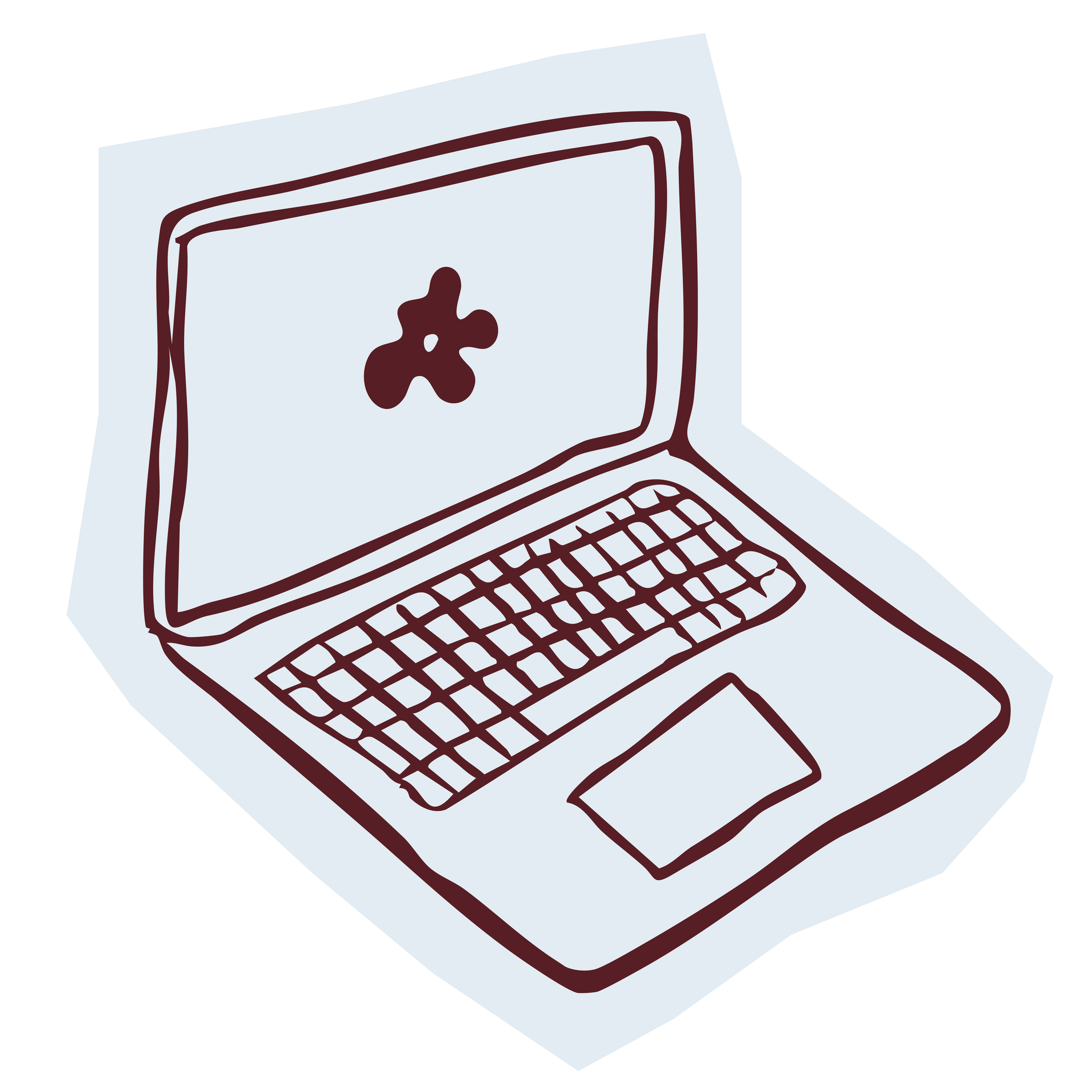 A simple digital drawing of an open laptop with a stylized screen featuring a graffiti-like flower design, a keyboard, and a touchpad.