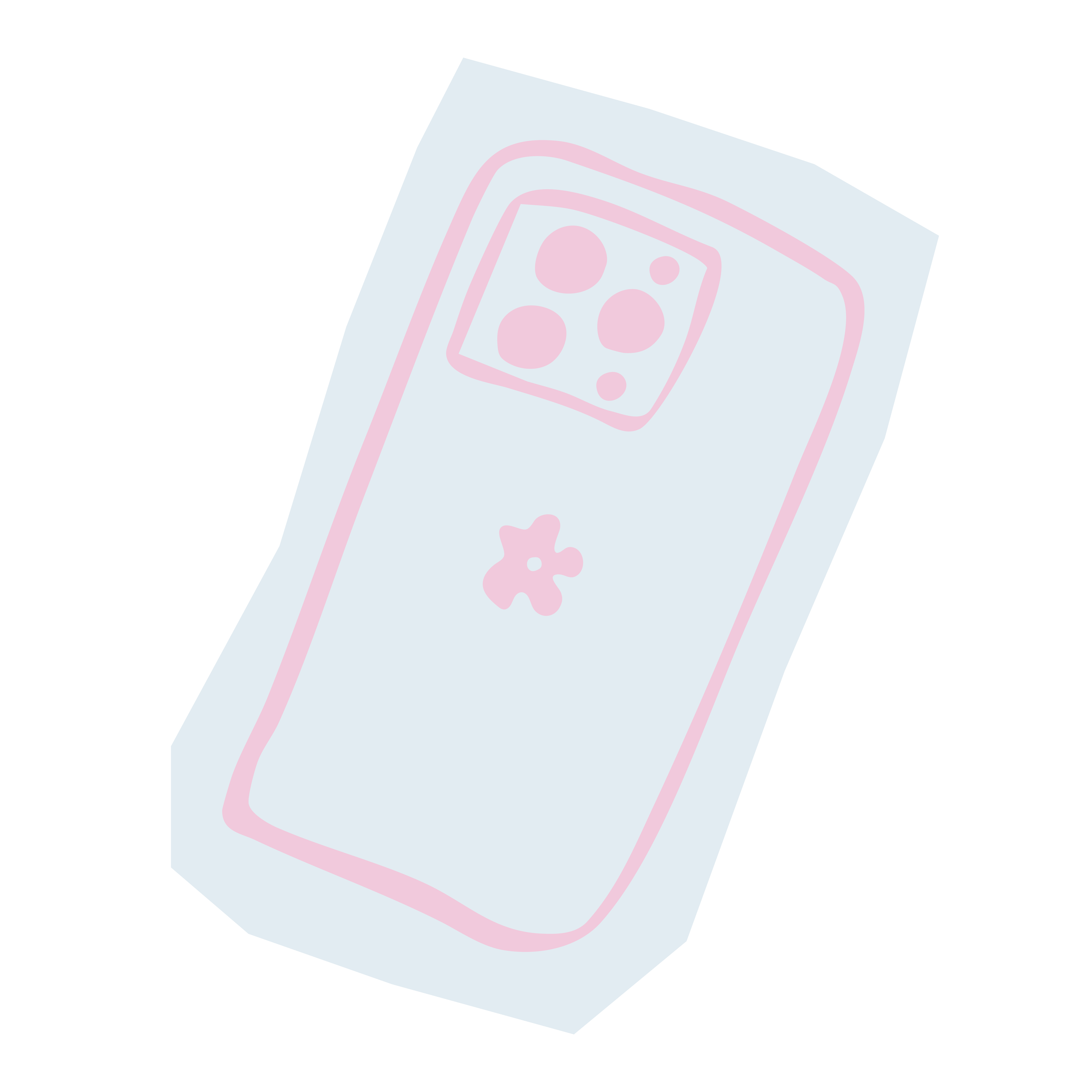 Light blue mobile phone case with pink outlines, featuring a camera cutout with four circles and a small circle, and a flower-shaped button in the center.