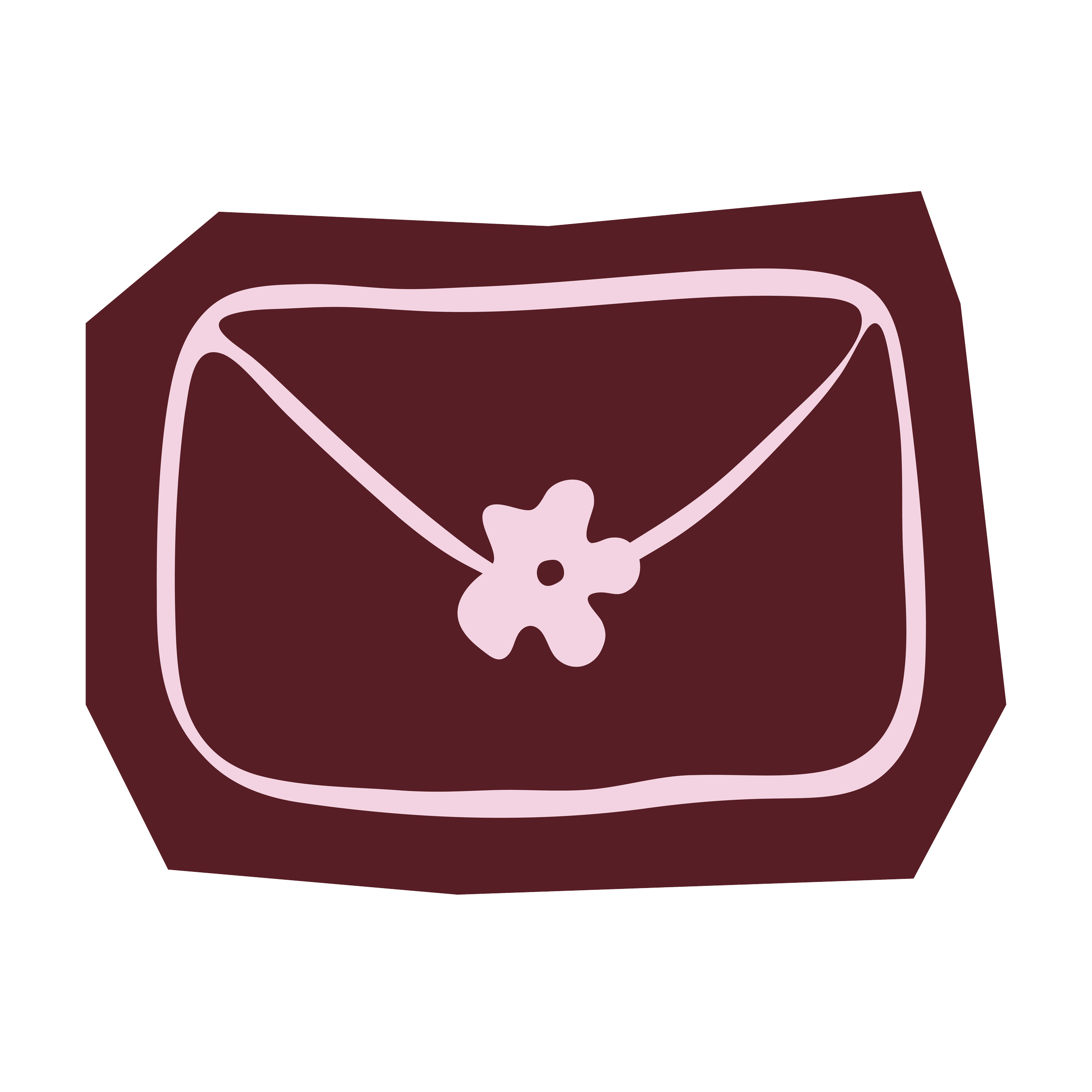 Stylized illustration of a dark red bag with a light pink flower-shaped clasp and a light pink outline.
