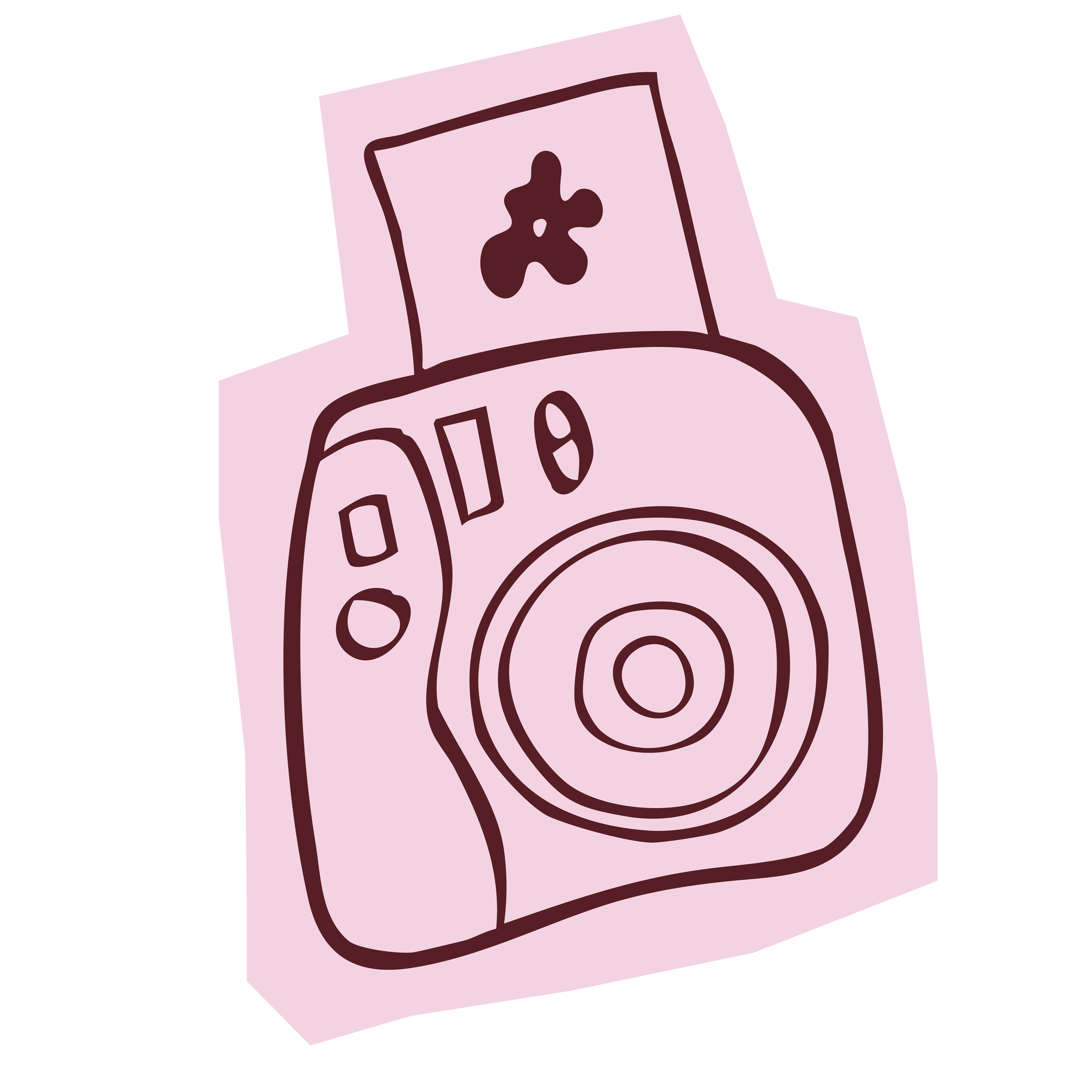 Drawing of a pink box with a speaker inside, featuring a stylized musical note on top