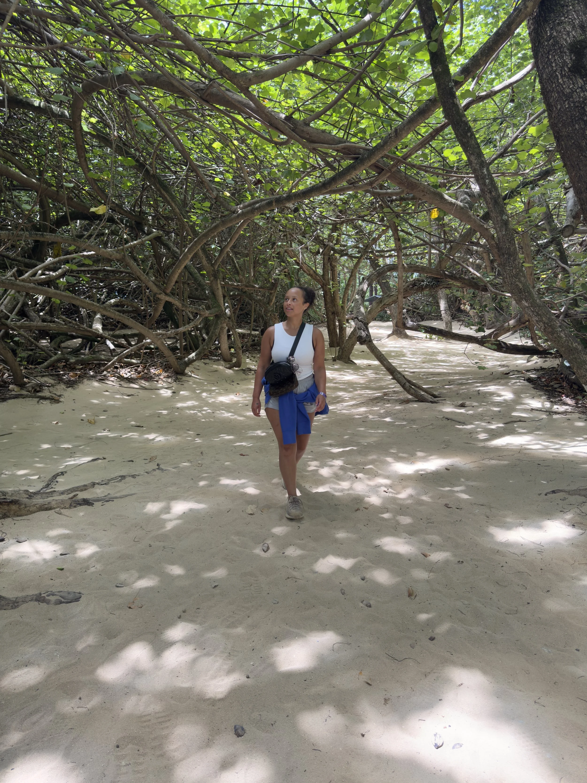 A woman hiking through a lush mangrove forest, wearing a white tank top, shorts, and sneakers, carrying a black crossbody bag, with tangled tree branches overhead and sandy ground beneath her feet.