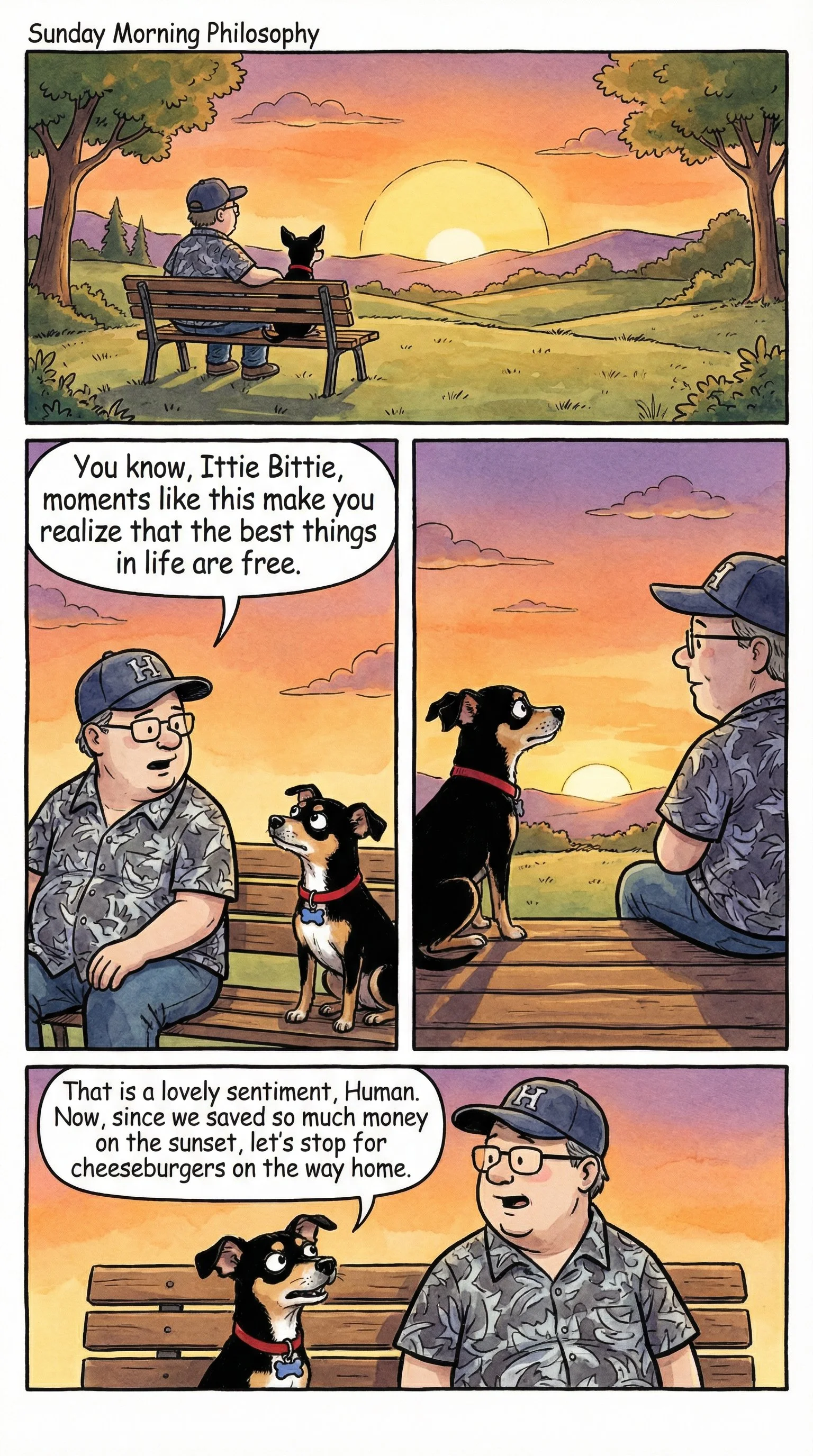 Ittie Bittie and her human enjoying a sunset and a witty ending