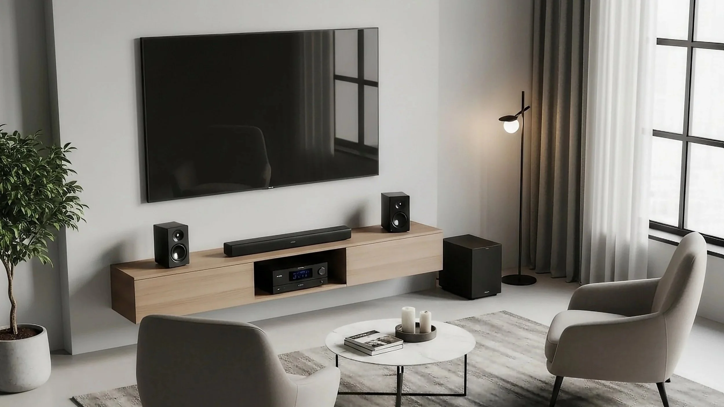 Modern living room with a large flat-screen TV mounted on a white wall, wooden entertainment unit, speakers, soundbar, and subwoofer. Two beige armchairs and a round coffee table with candles and a magazine. Floor lamp with a round bulb, large window with curtains, and a potted plant.