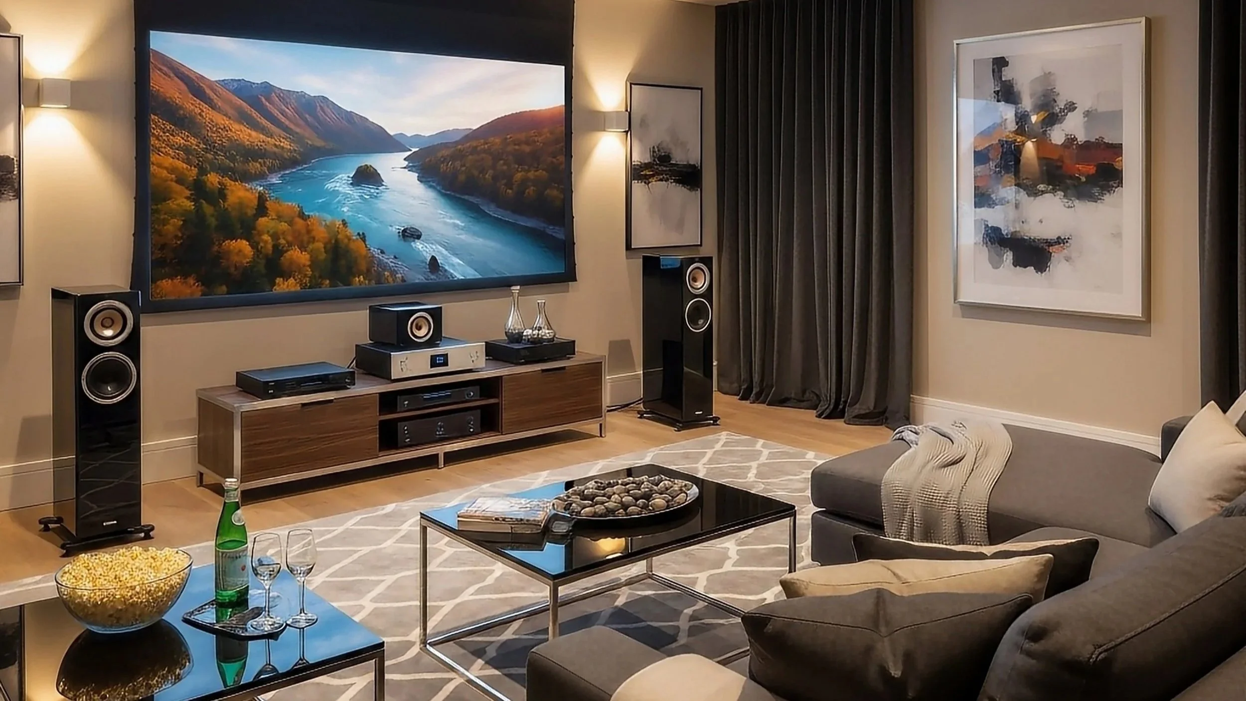 Living room with a large wall-mounted TV displaying a landscape of a river and mountains, surrounded by framed abstract art, dark curtains, a gray sofa with throw pillows, a glass coffee table with decorative stones, and a side table with a bottle of sparkling water and glasses.