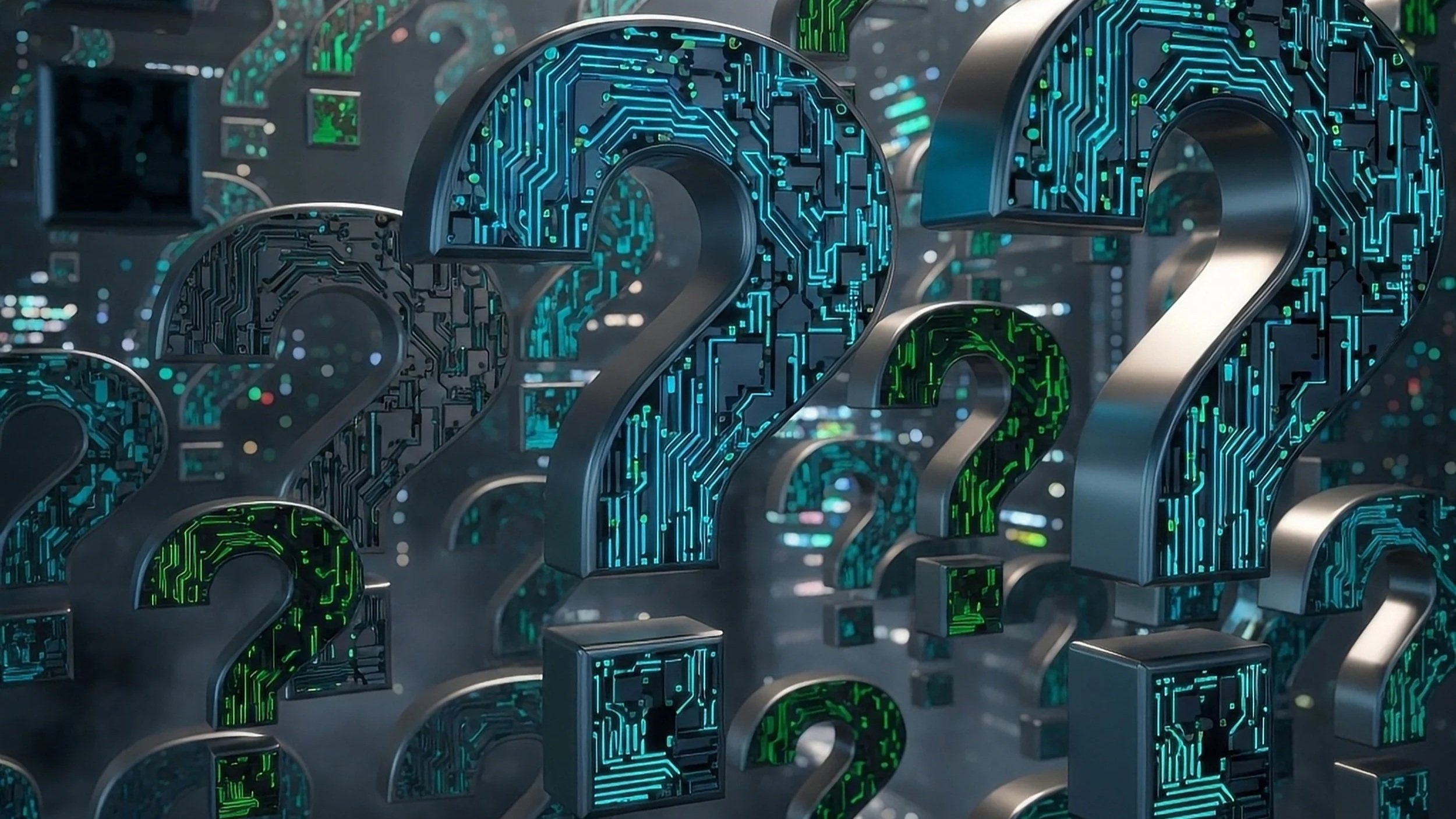 Multiple large metallic 3D question marks with glowing circuit patterns inside, arranged in a chaotic manner, set against a dark background with bokeh lights.