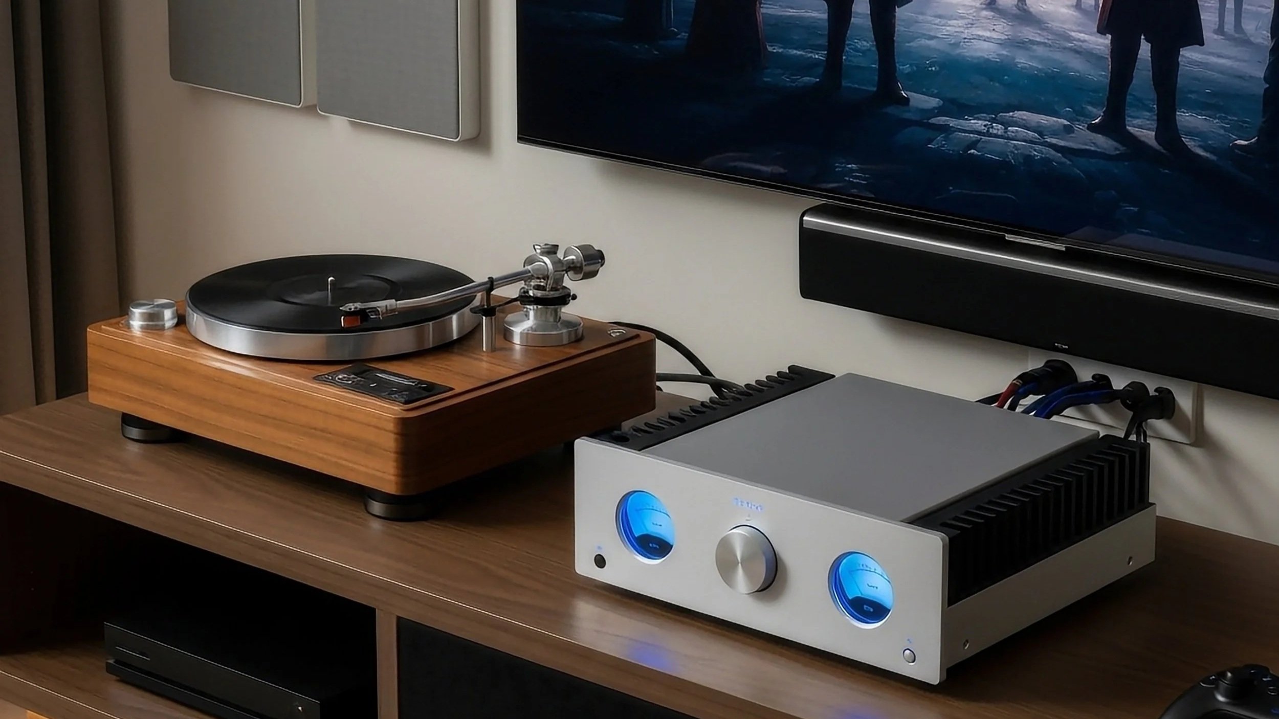 A turntable on a wooden stand plays vinyl records while an audio amplifier with blue-lit controls sits next to it. A large flat-screen TV is mounted on the wall above the setup.