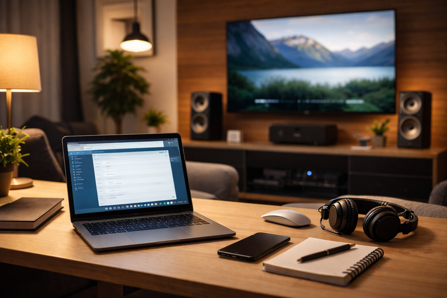 A workspace with a laptop displaying a project management tool, a black smartphone, a spiral notebook, a pen, wireless headphones, a mouse, and a lamp on a wooden table. In the background, a living room with a large TV showing a mountain and lake landscape, potted plants, and a sound system.