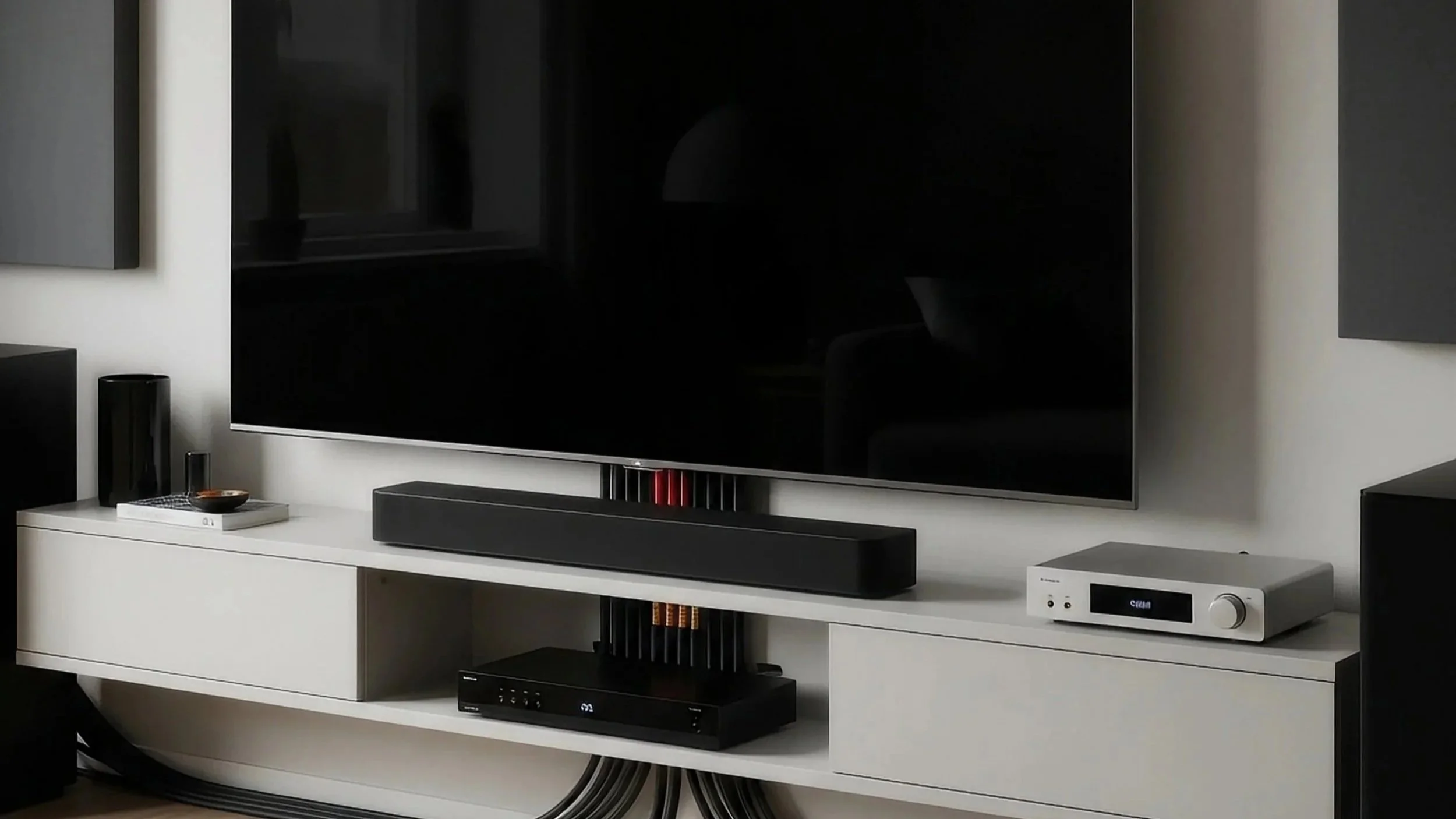 Modern home entertainment setup with a large flat-screen TV, soundbar, and various audio and electronic equipment on a white TV stand.