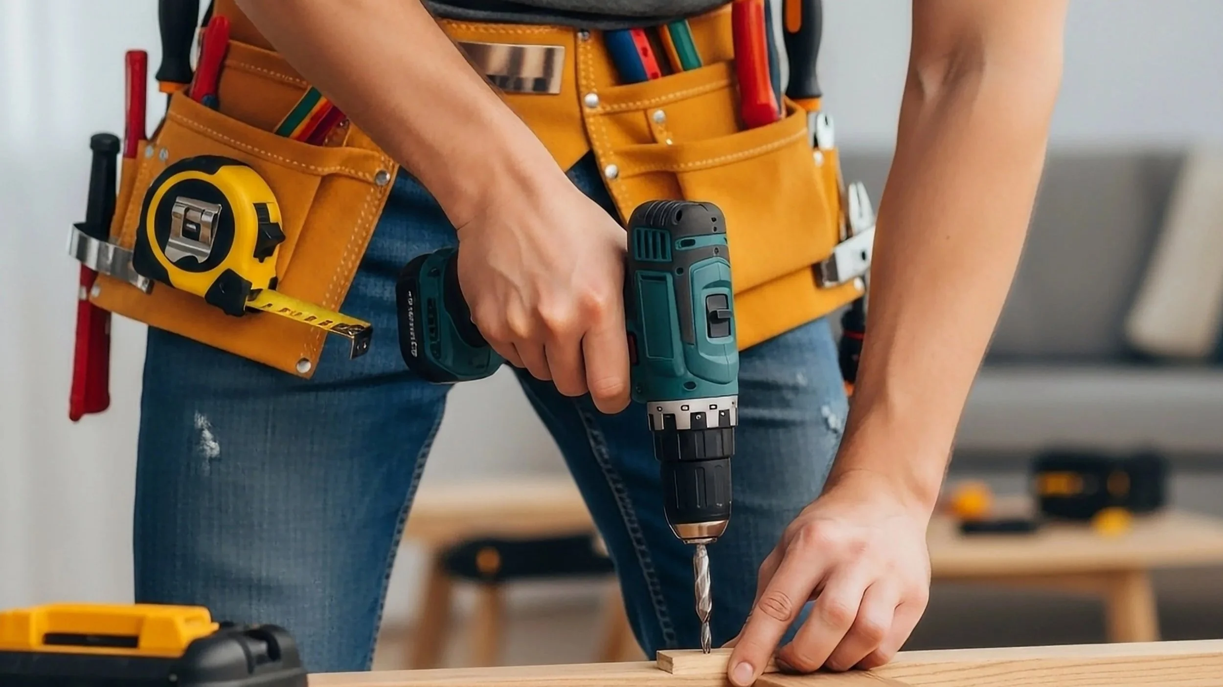Person using a cordless drill to screw into a piece of wood, wearing a yellow tool belt with various tools.