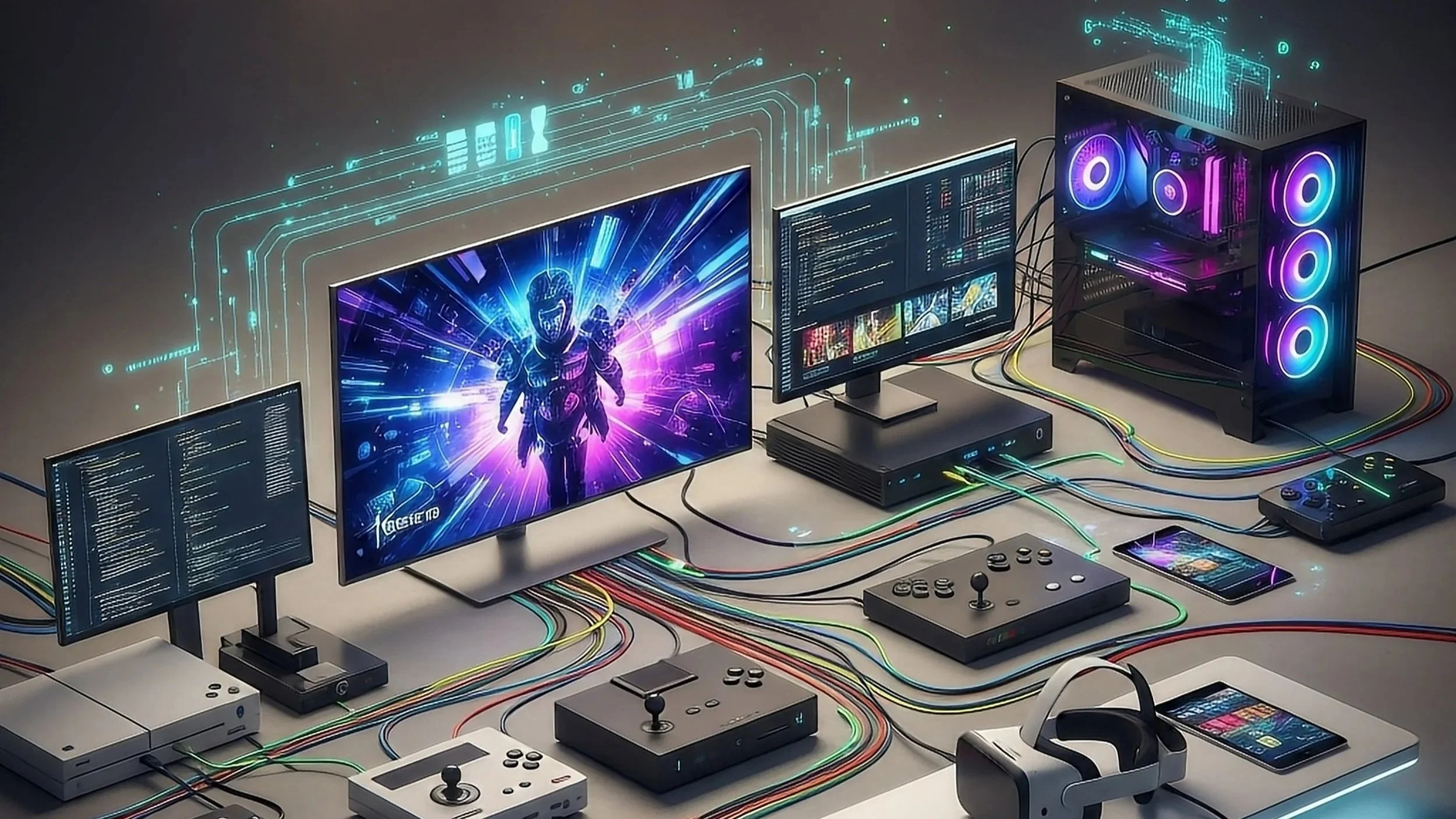 A gaming setup with multiple monitors, a high-end desktop PC with RGB lighting, controllers, a VR headset, a smartphone, and various cables, all interconnected.