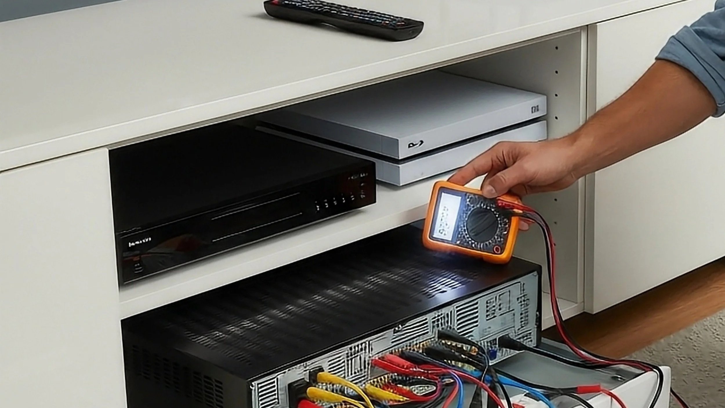 Person testing electronic devices with a multimeter, working on an electronic equipment setup.