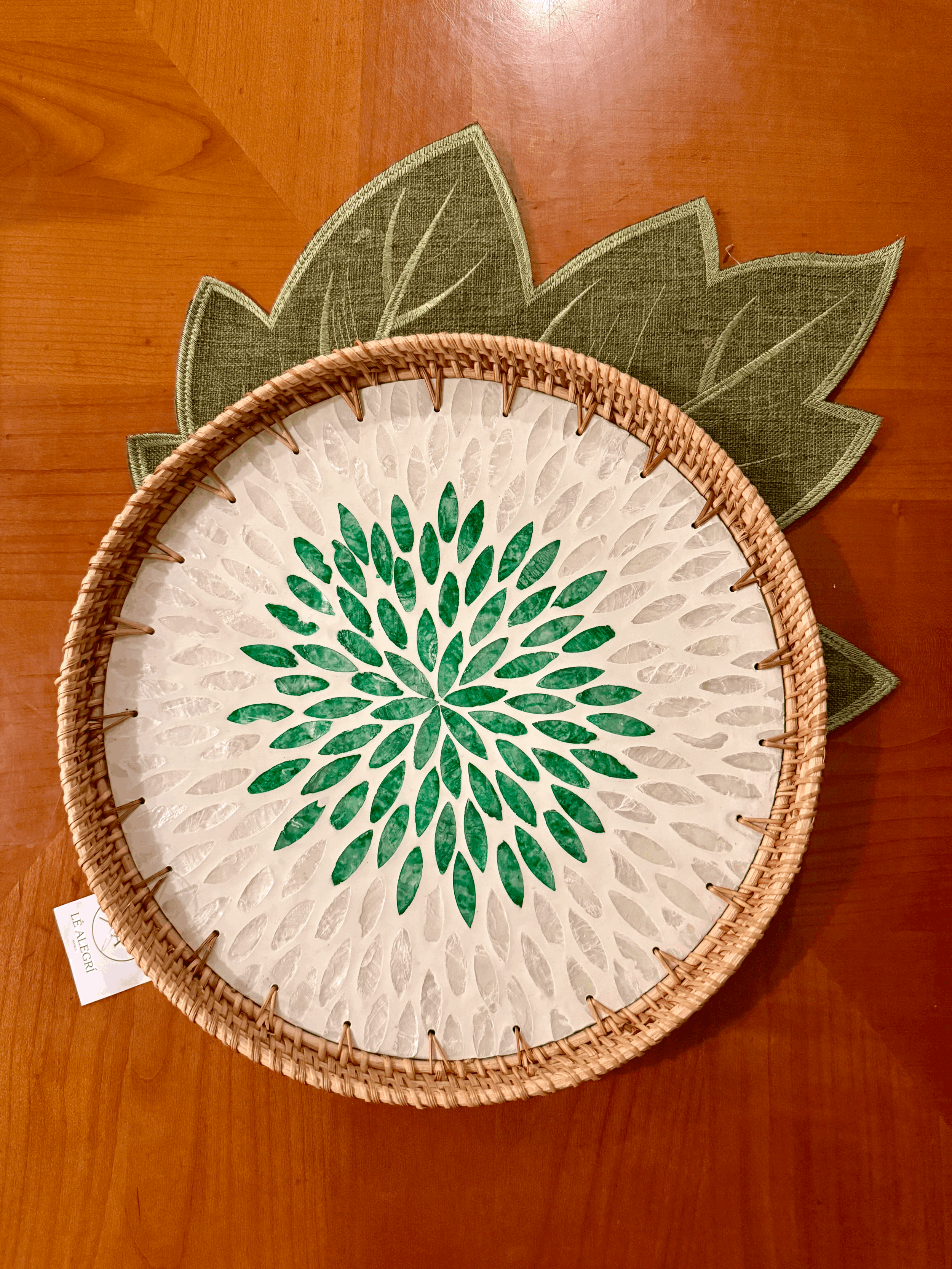 Exquisite MOP Round Tray with Rattan Trim