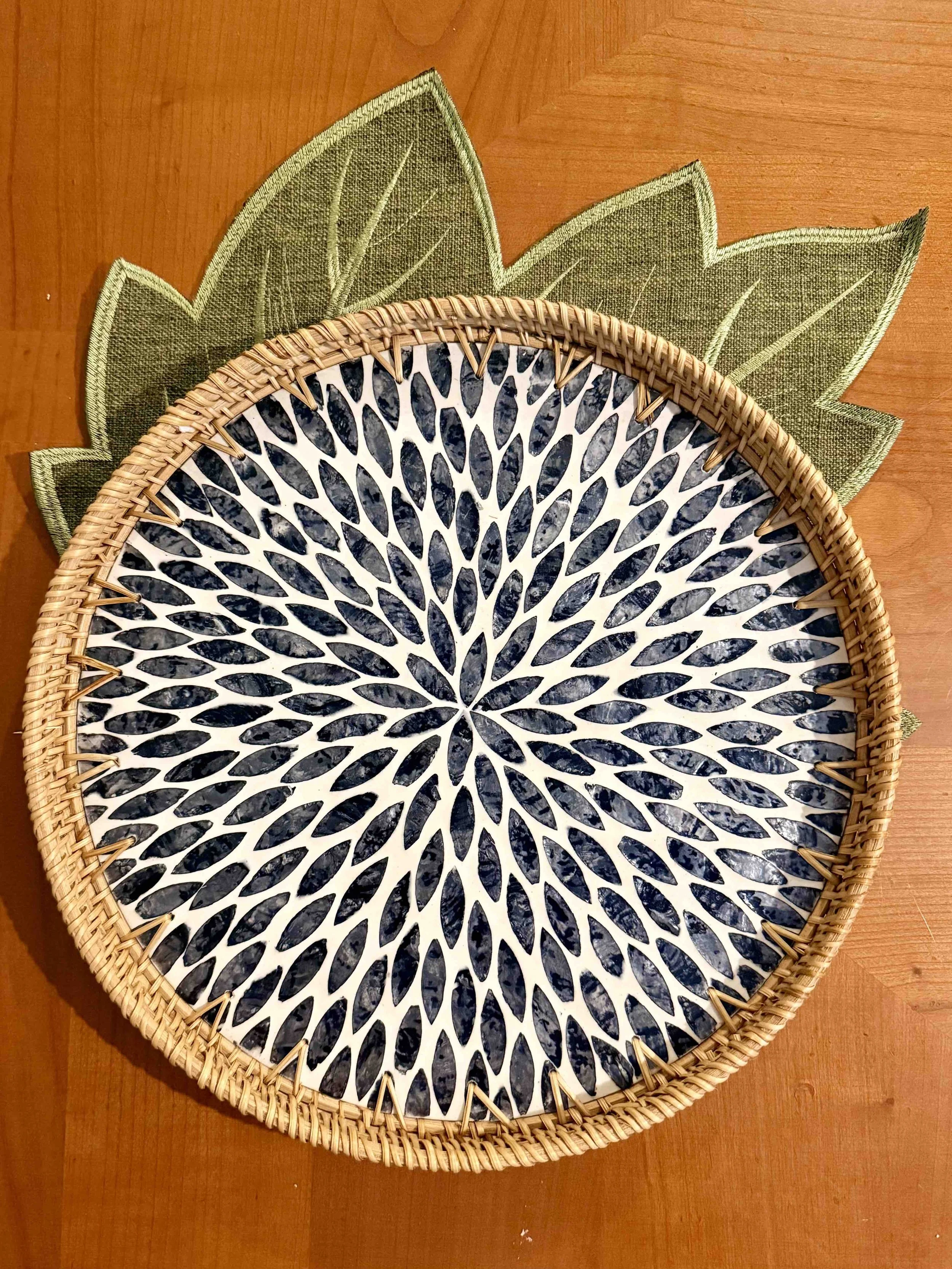 Exquisite MOP Round Tray with Rattan Trim