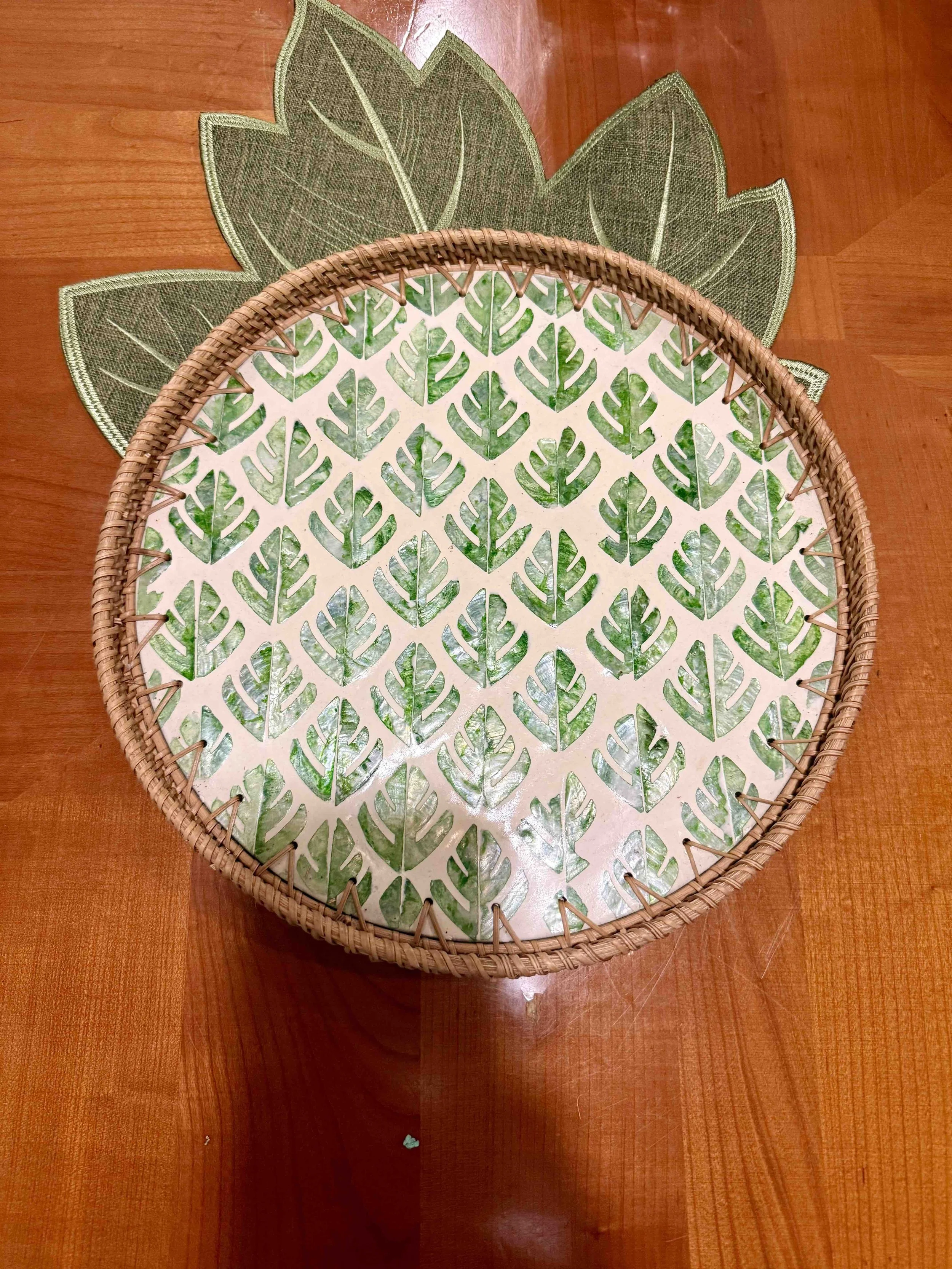 Exquisite MOP Round Tray with Rattan Trim