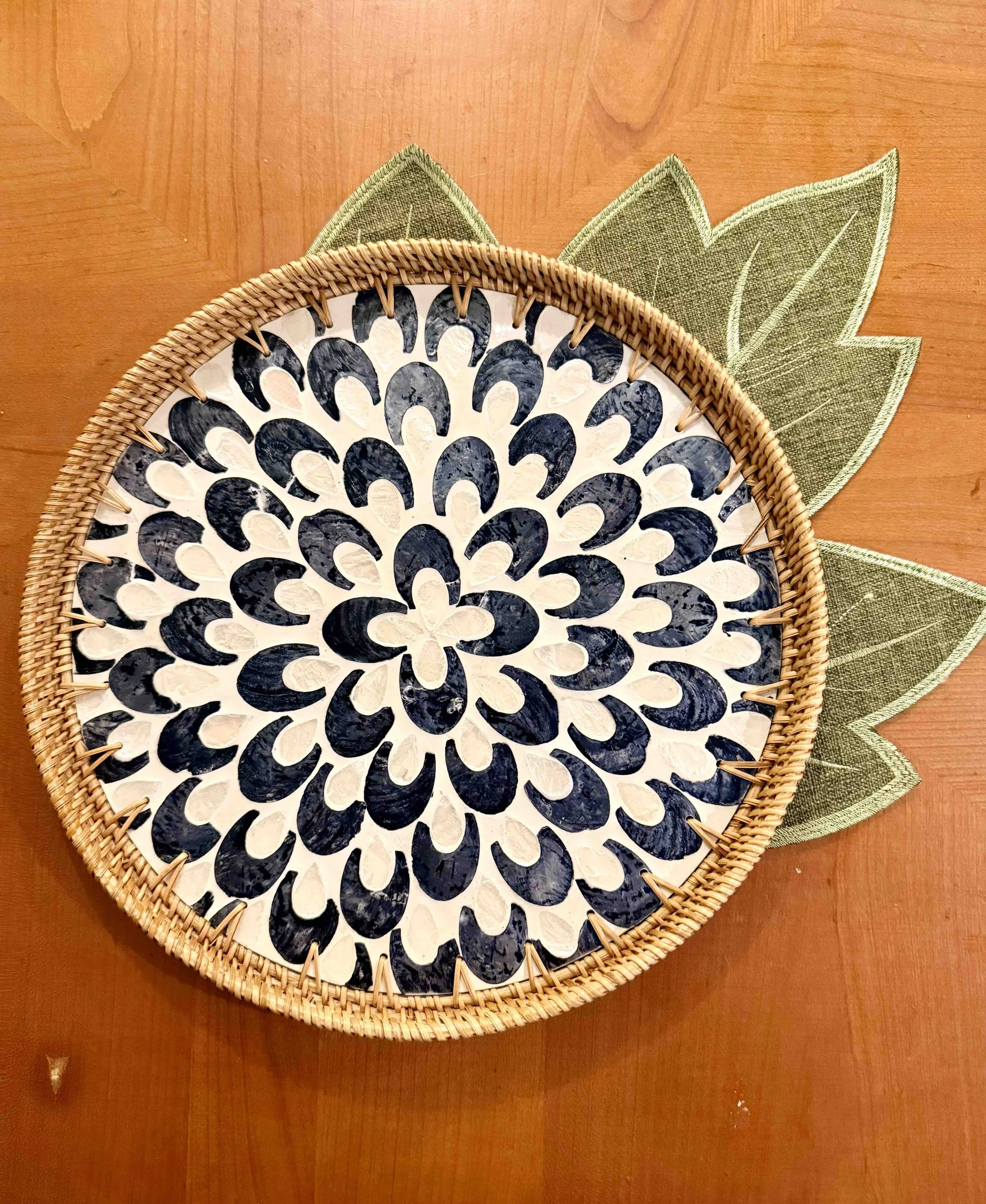 Exquisite MOP Round Tray with Rattan Trim