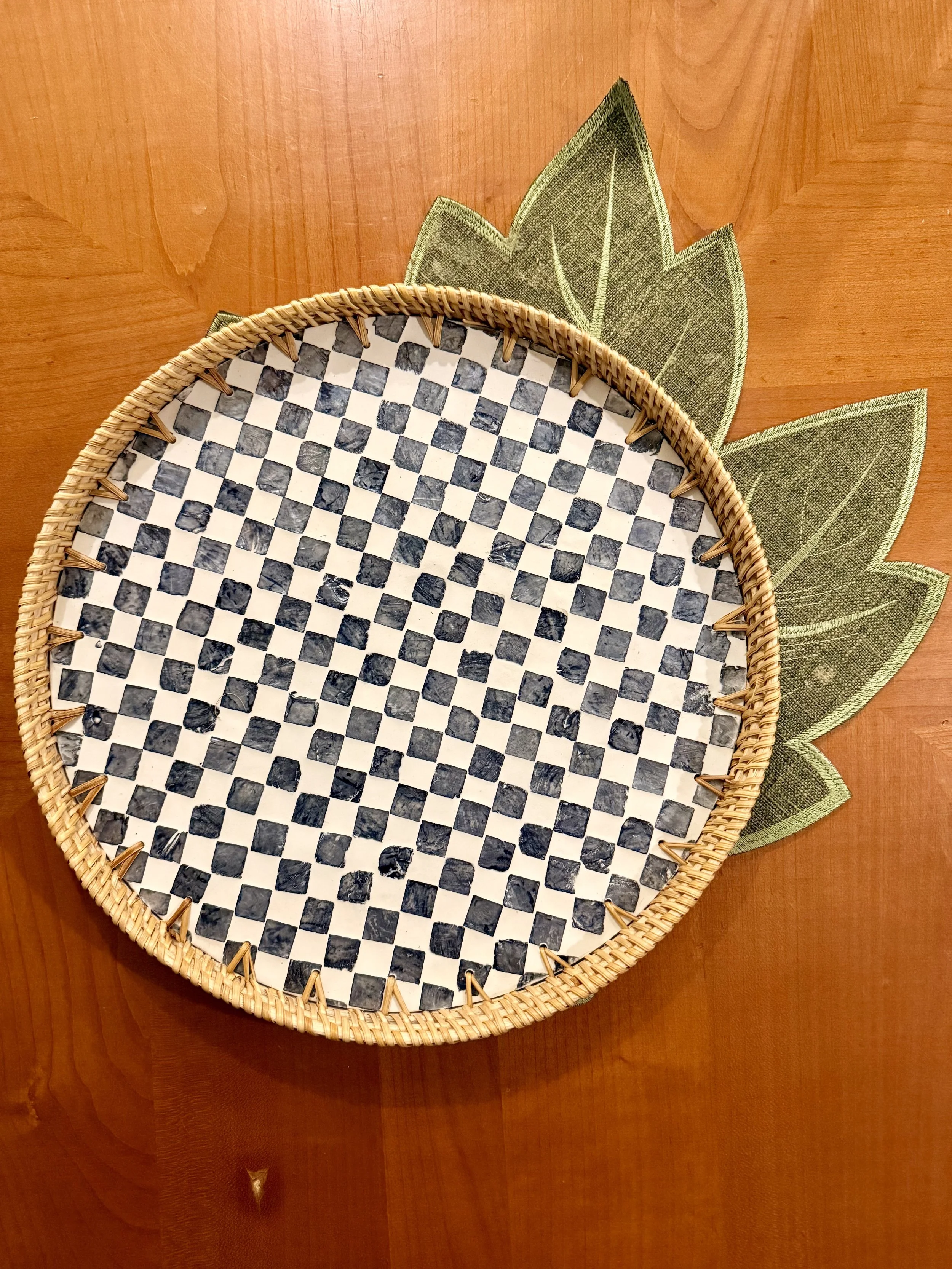 Exquisite MOP Round Tray with Rattan Trim