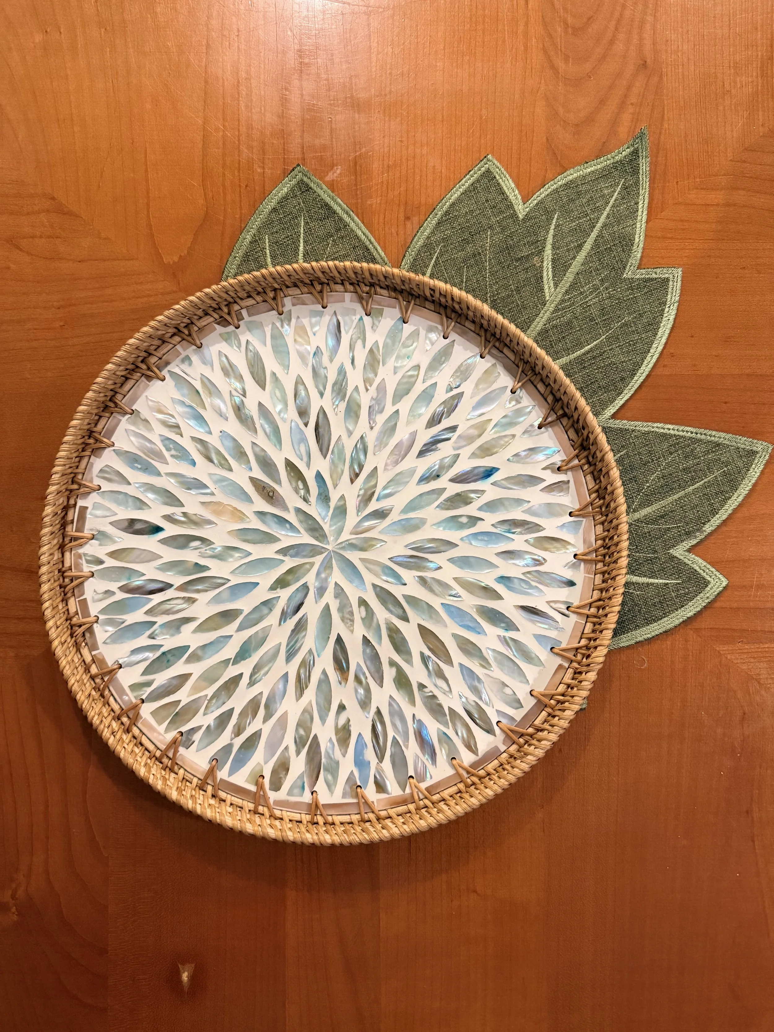 Exquisite MOP Round Tray with Rattan Trim