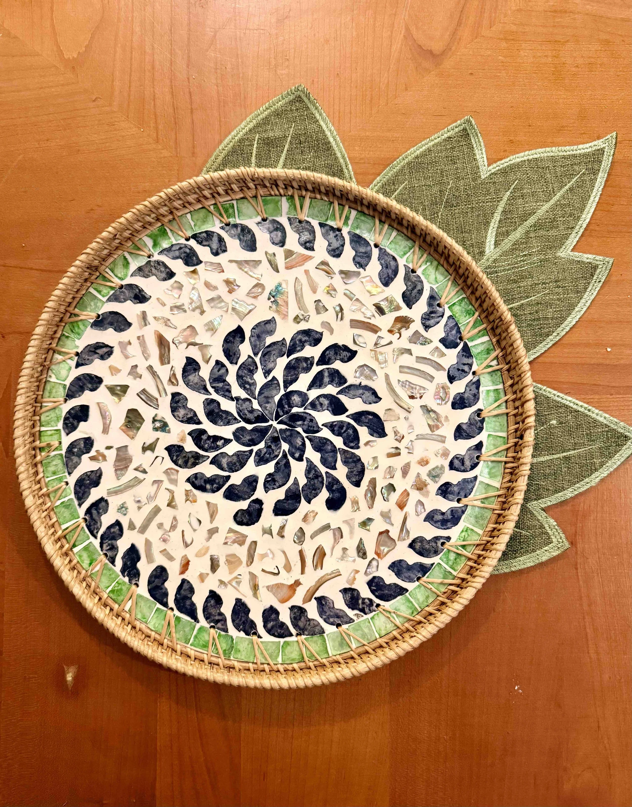 Exquisite MOP Round Tray with Rattan Trim