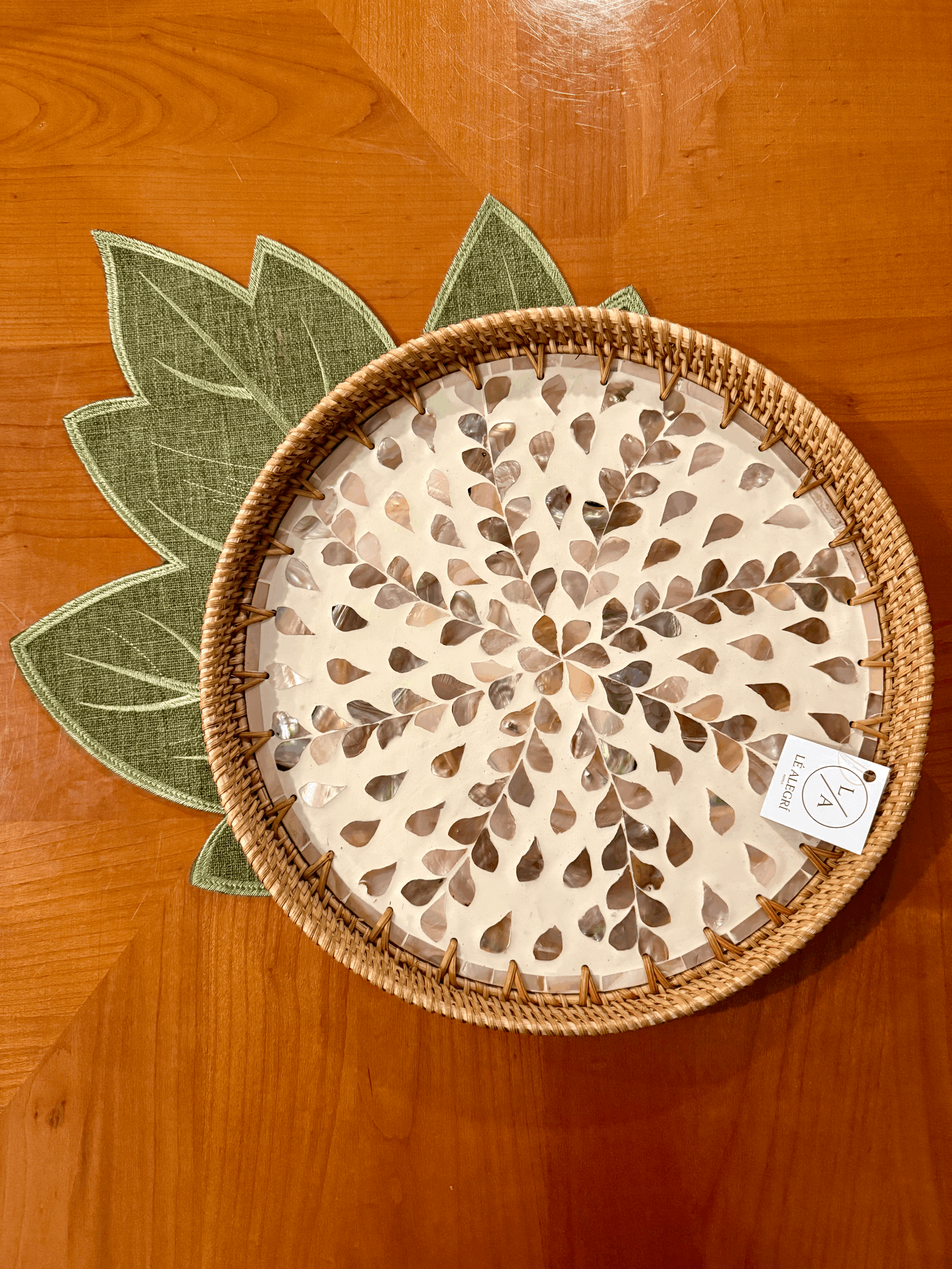 Exquisite MOP Round Tray with Rattan Trim