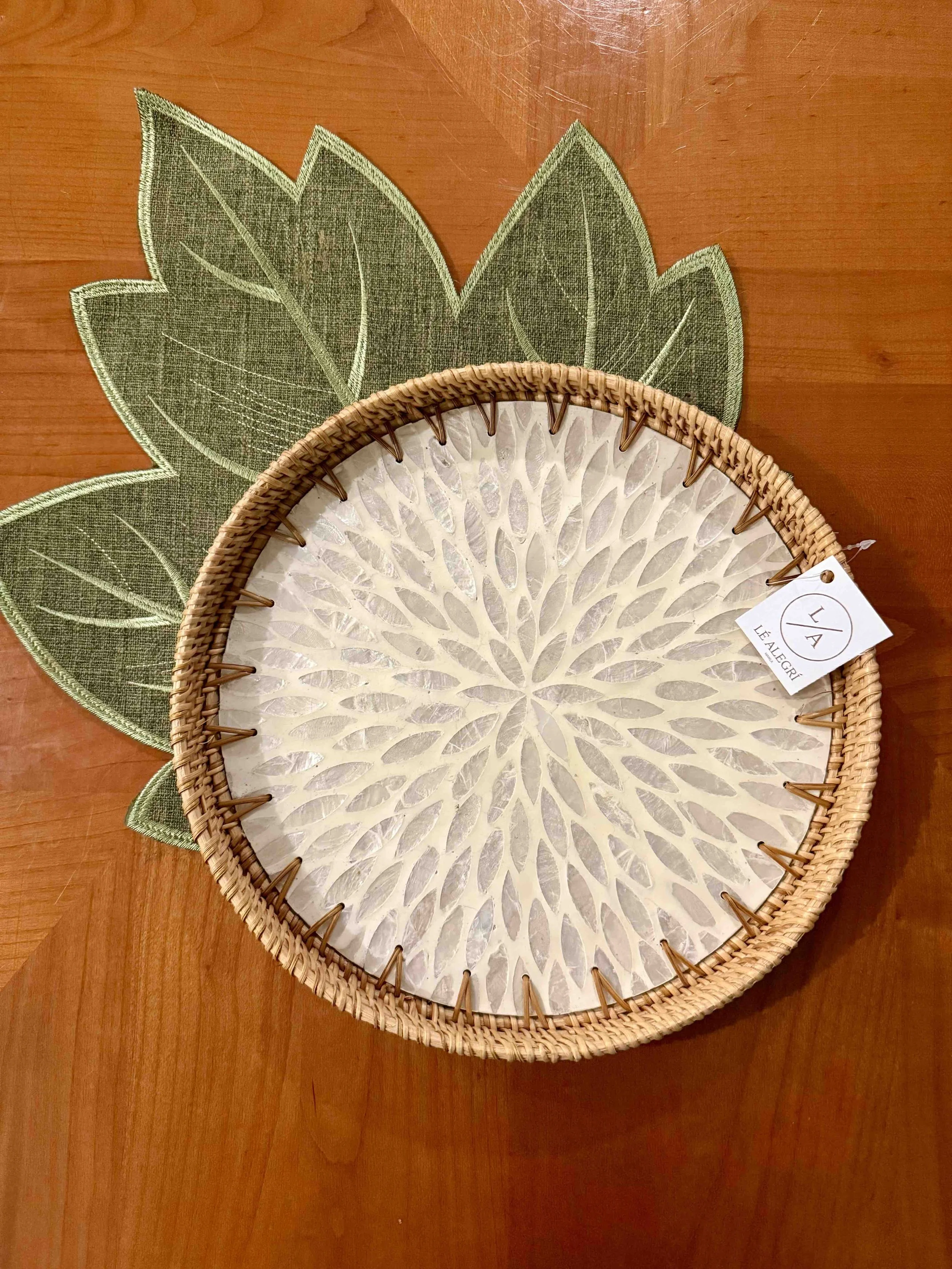 Exquisite MOP Round Tray with Rattan Trim