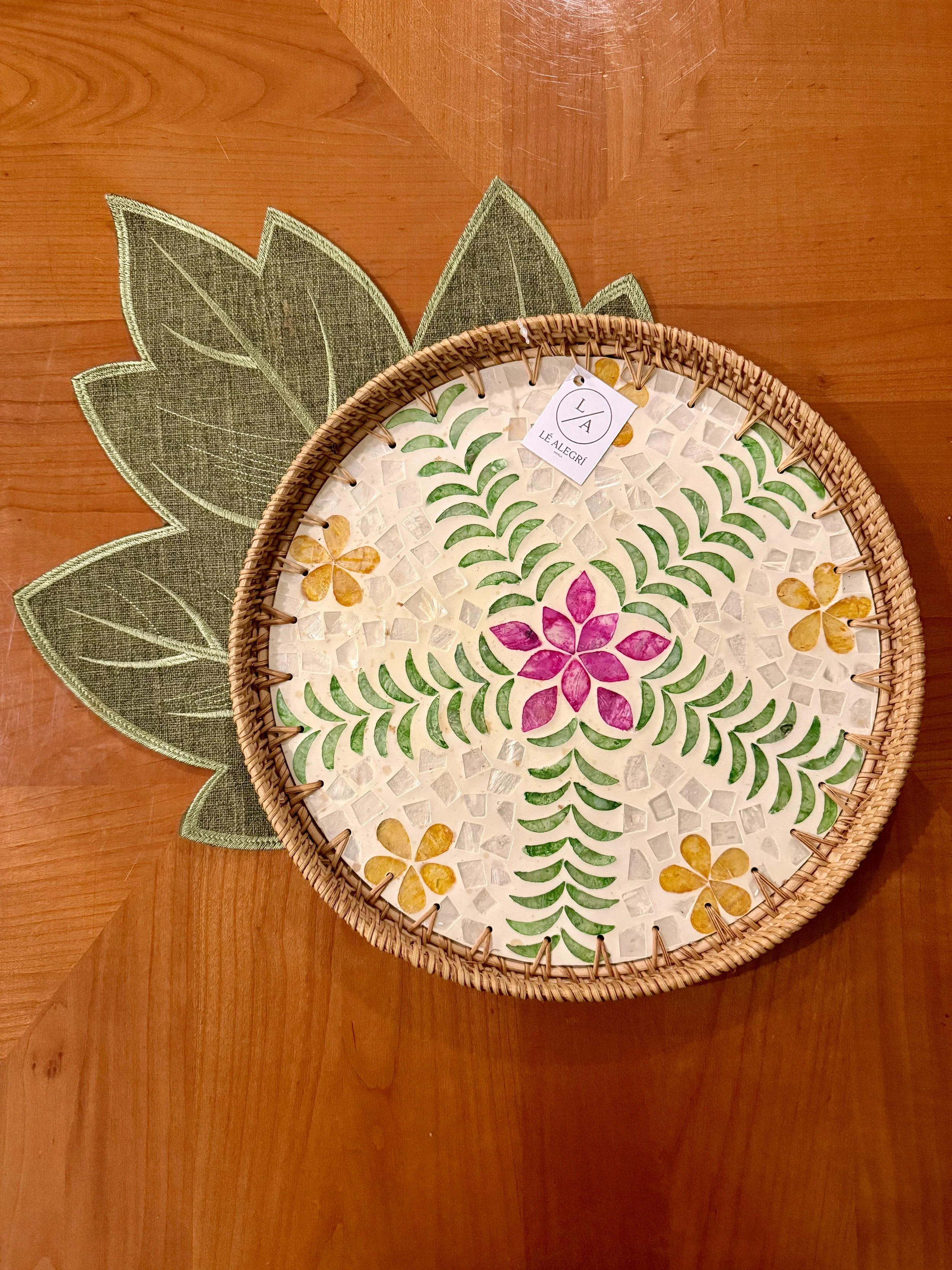 Exquisite MOP Round Tray with Rattan Trim