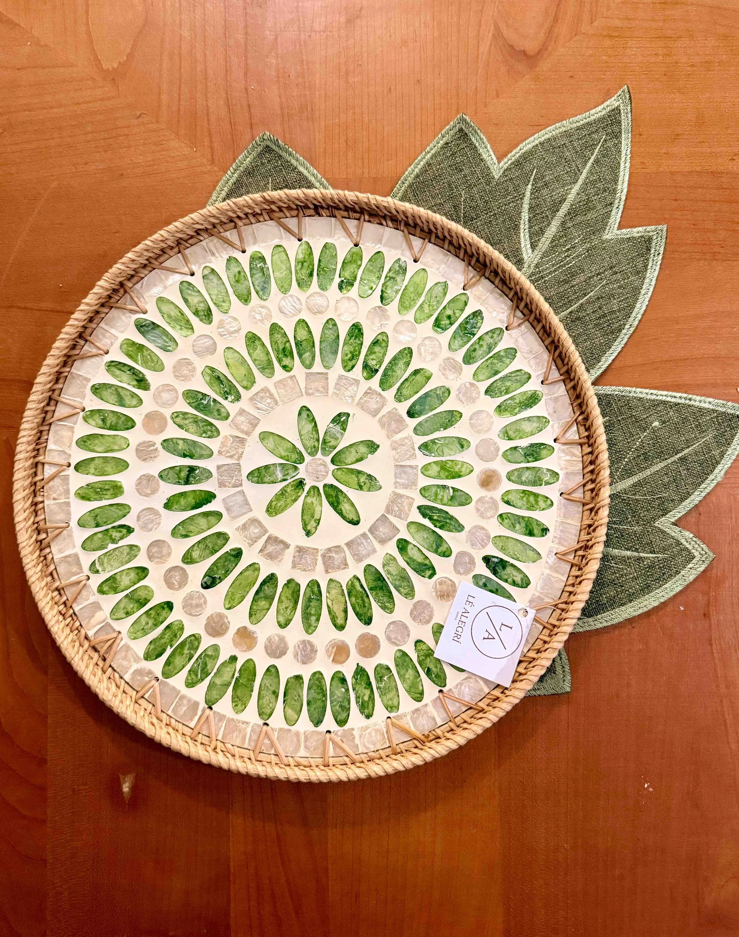 Exquisite MOP Round Tray with Rattan Trim