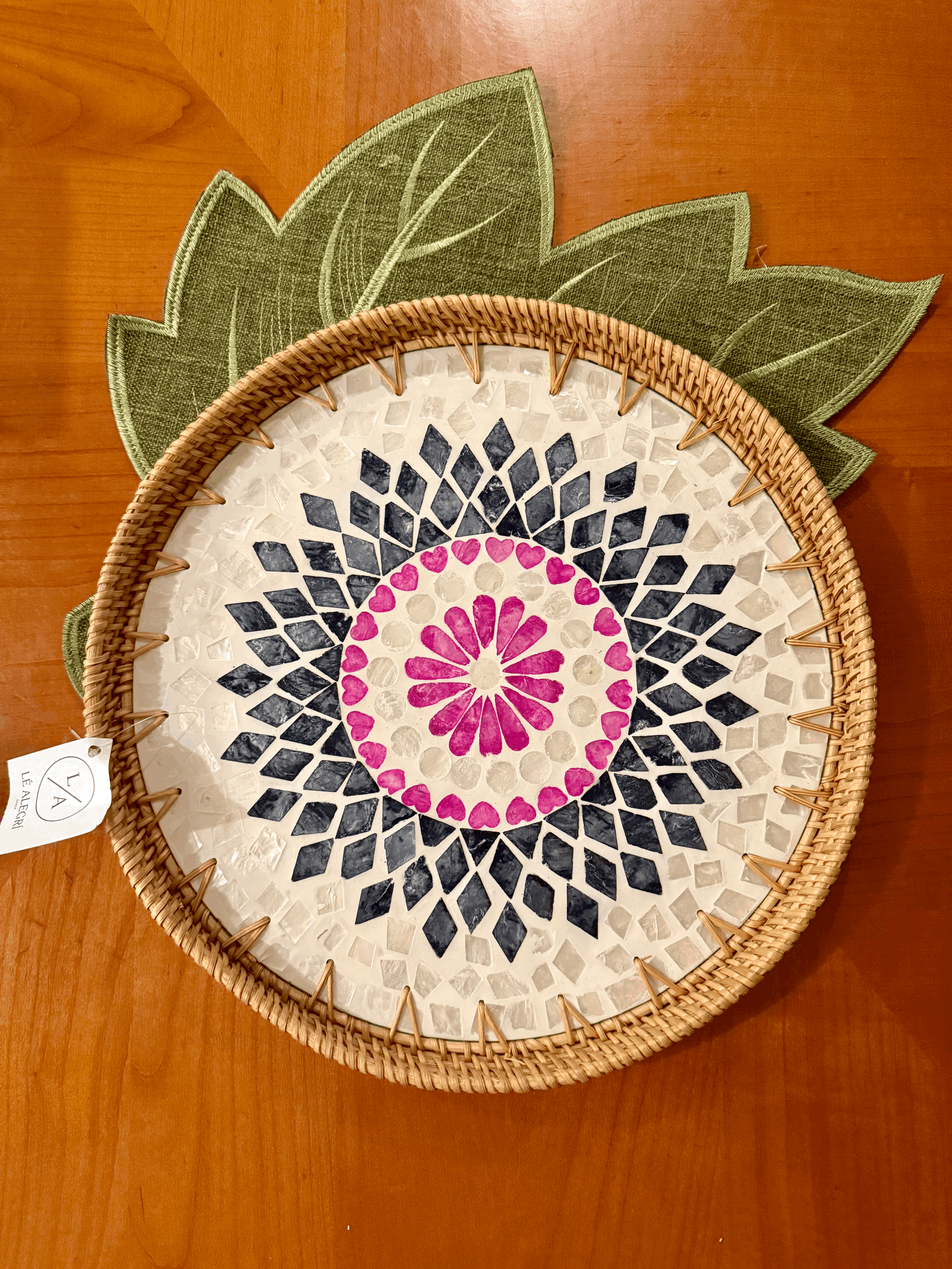 Exquisite MOP Round Tray with Rattan Trim