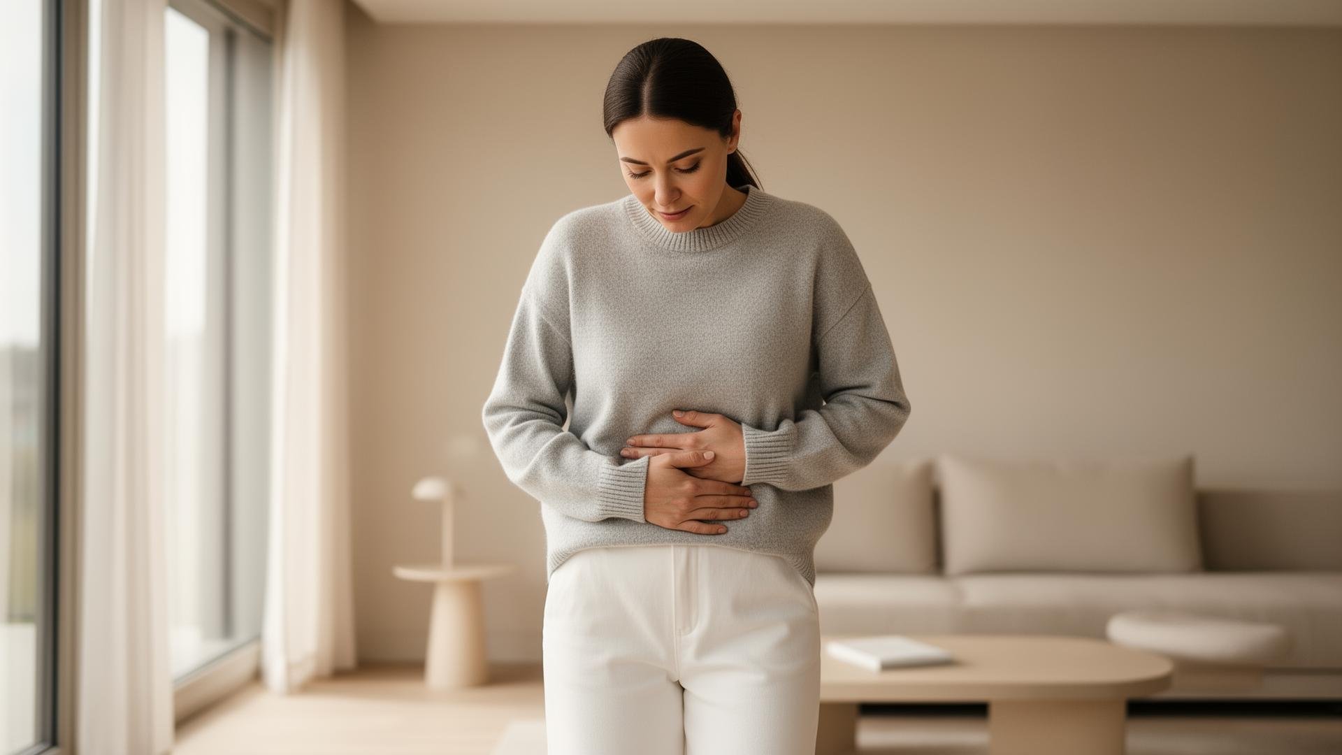 Mujer joven con expresión de dolor o malestar sosteniendo su abdomen en una sala de estar moderna y bien iluminada.